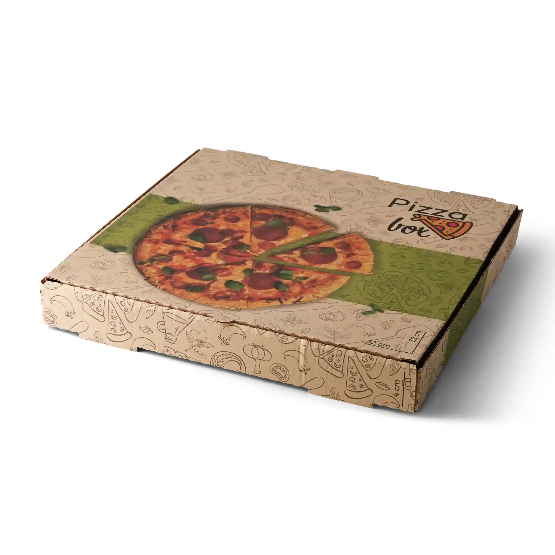 Brown pizza box with a pizza graphic on top, measuring 32 x 32 x 4 cm, featuring decorative food illustrations.