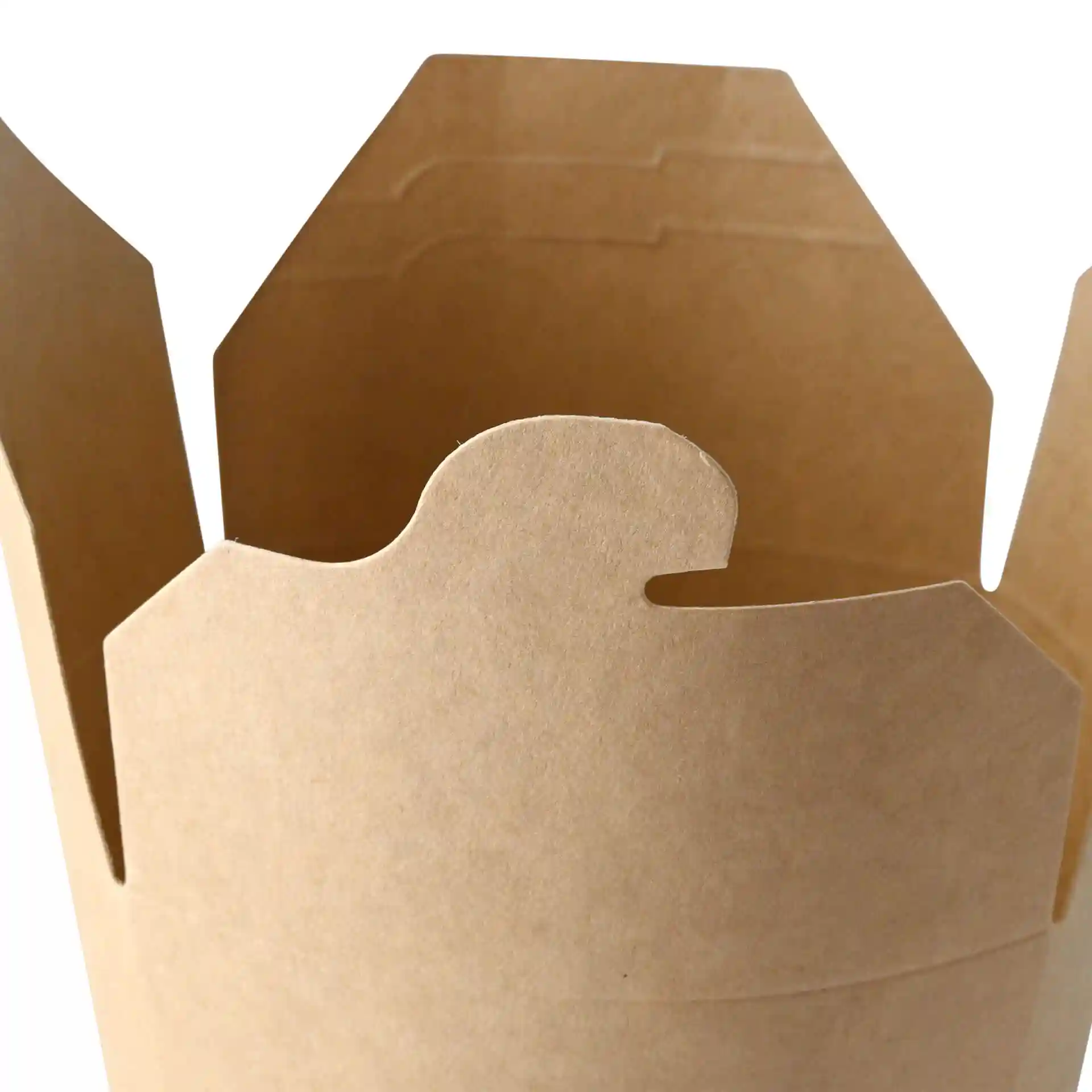 Brown cardboard noodle box with a rectangular shape and an open top, showing the inner structure and flaps.