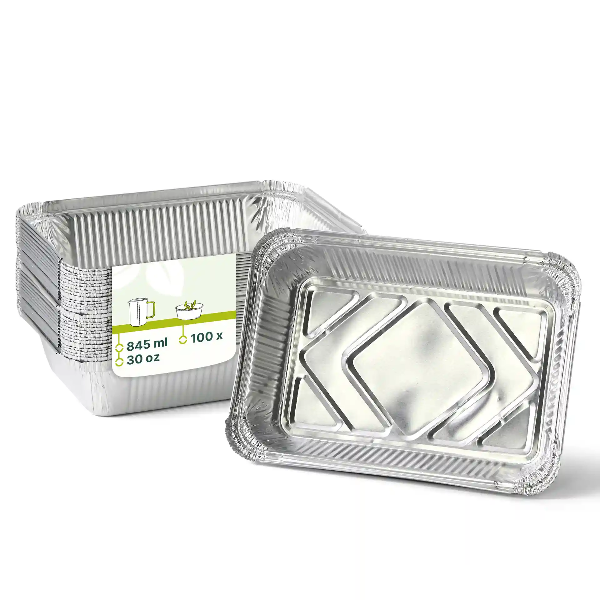 Rectangular aluminum containers with a capacity of 845 ml, measuring 21.4 x 14.9 x 4.3 cm, stacked with a label.
