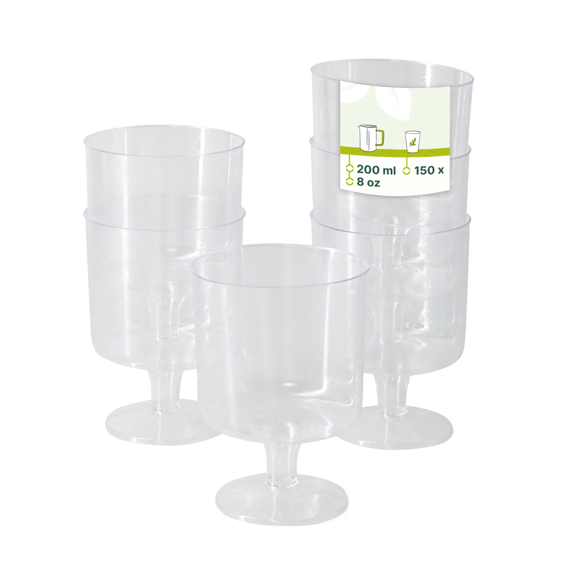 Clear plastic wine glasses stacked together, featuring a label with capacity details.
