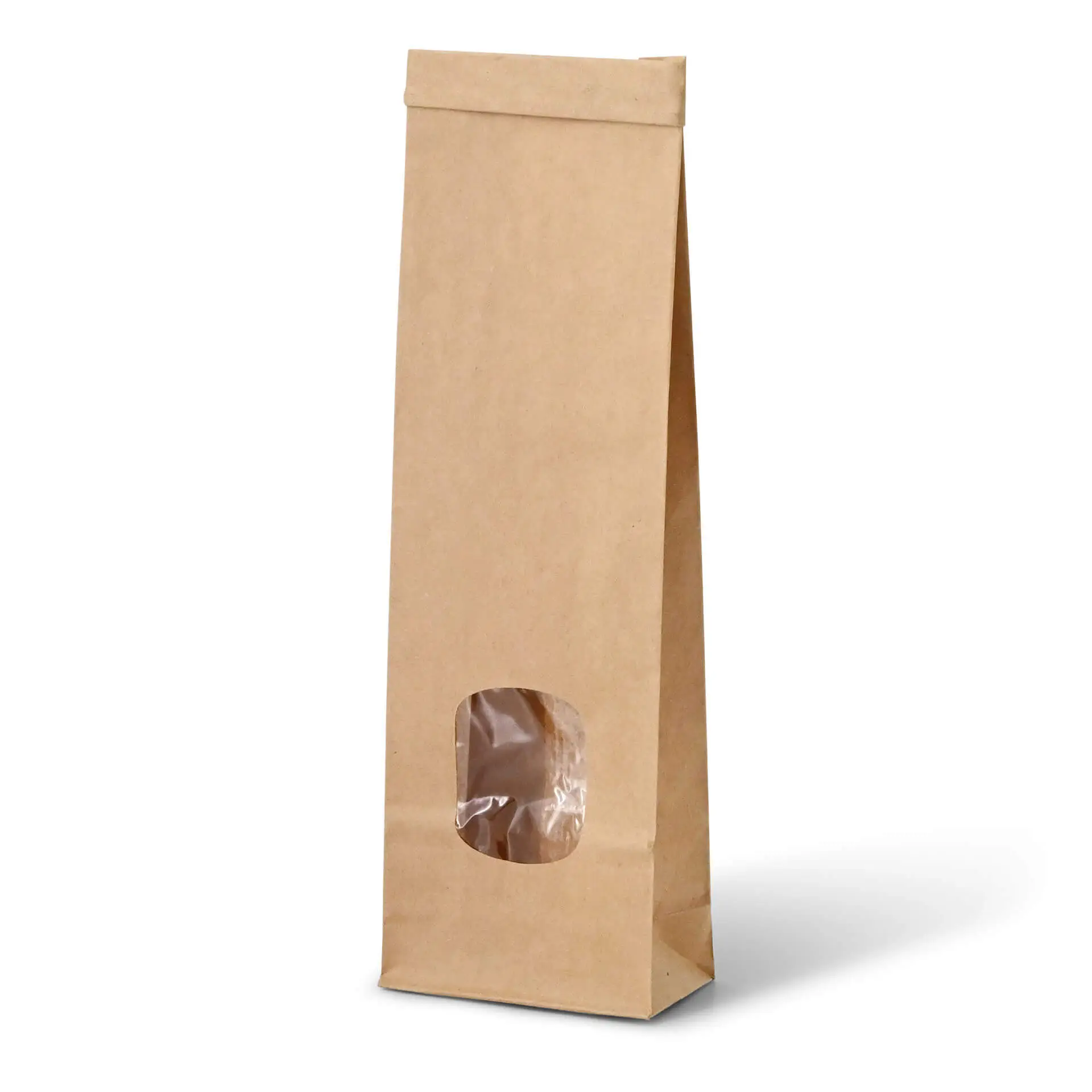 Brown block bottom paper bag with window, 7.5 x 4.5 x 24 cm, made from 65 gsm kraft paper for loosely filled aromatic goods.
