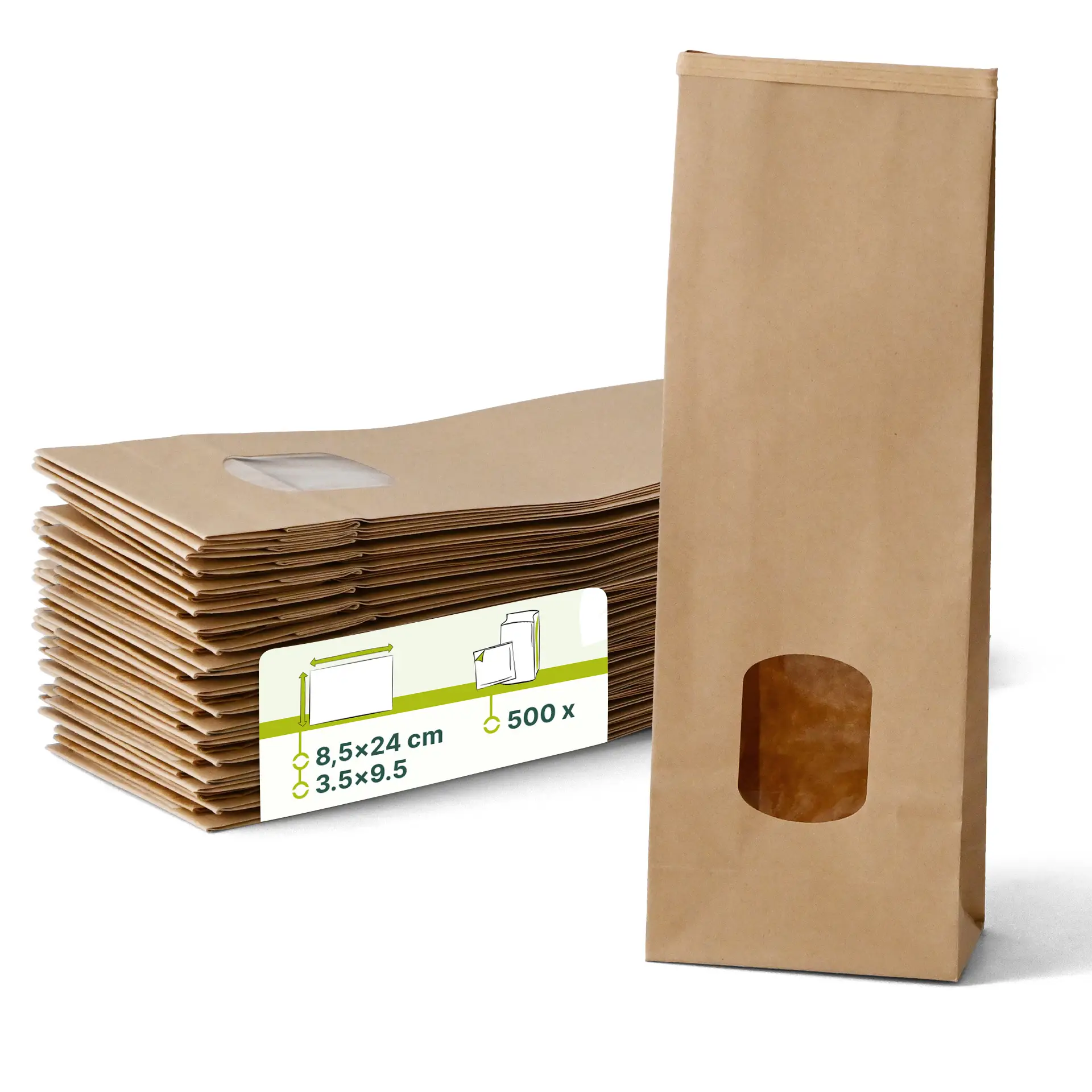Brown kraft paper block bottom bag with a transparent window, measuring 8.5 x 5 x 24 cm.