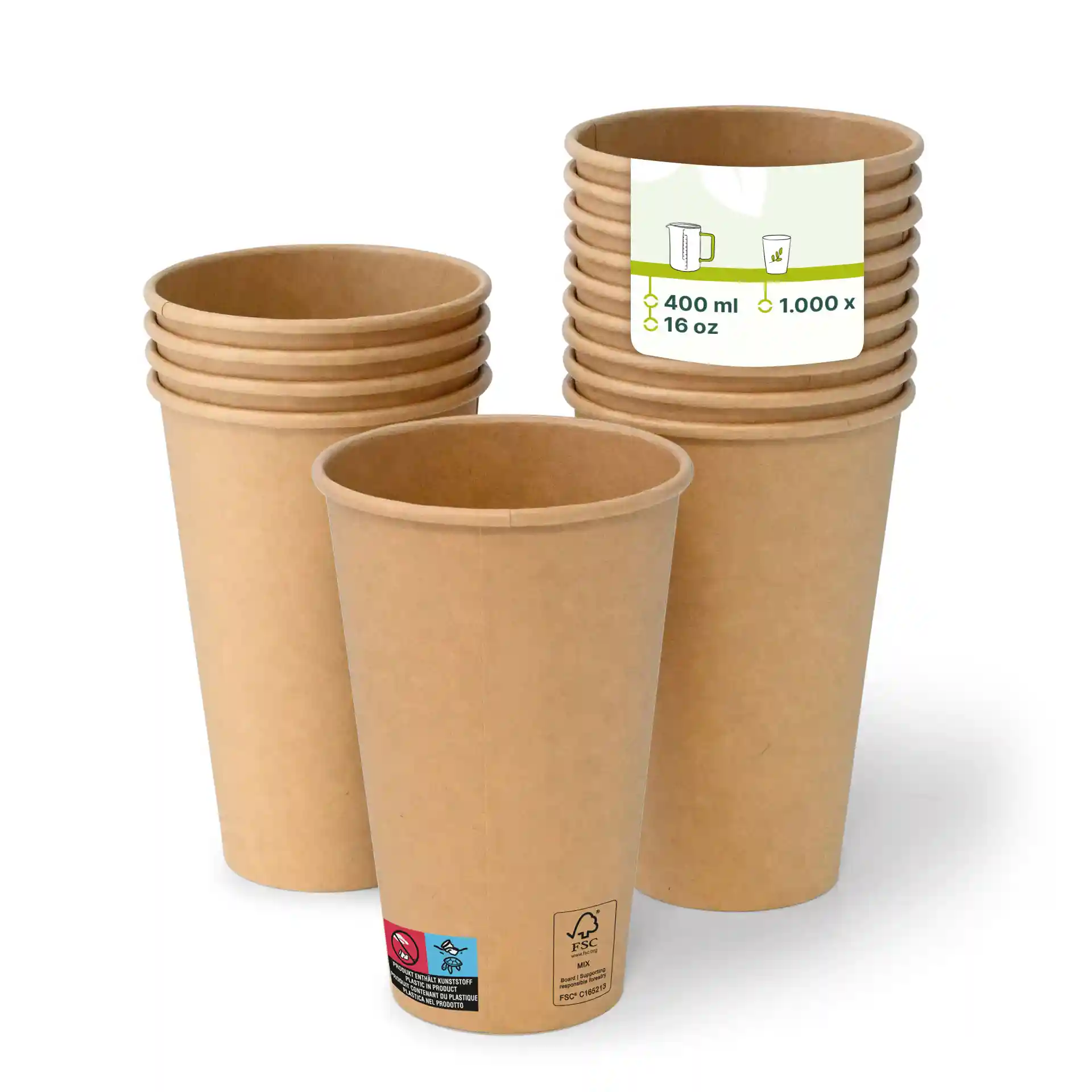 Brown paper cups stacked, with one cup in front showing a label indicating 400 ml capacity and 16 oz size.