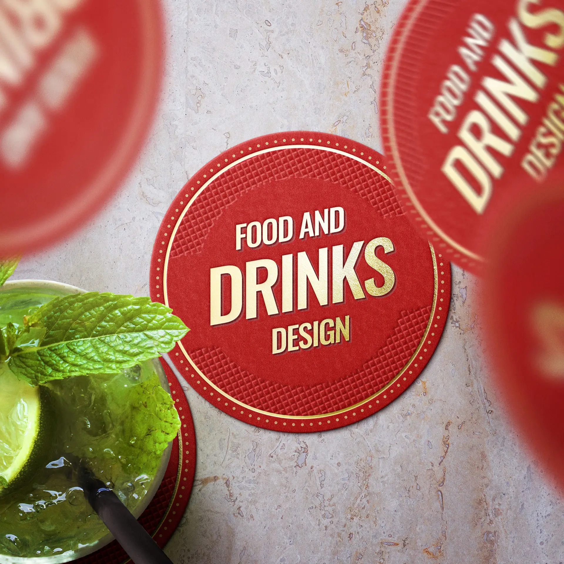 Round printed beer coaster with "Food and Drinks Design" text, placed next to a cocktail and mint leaves.