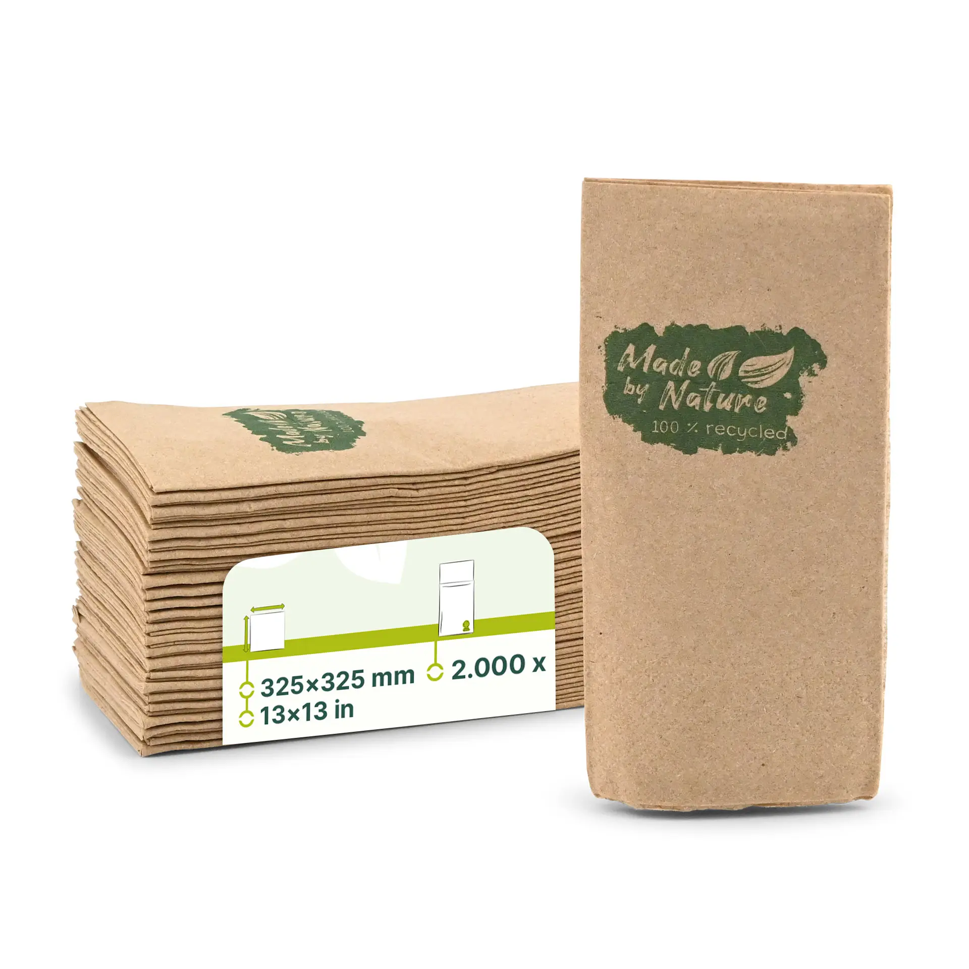 Recycled paper napkins 32.5 x 32.5 cm, 2-ply, 1/8 fold, "Made by Nature" Recycled paper napkins 32.5 x 32.5 cm, 2-ply, 1/8 fold, "Made by Nature"