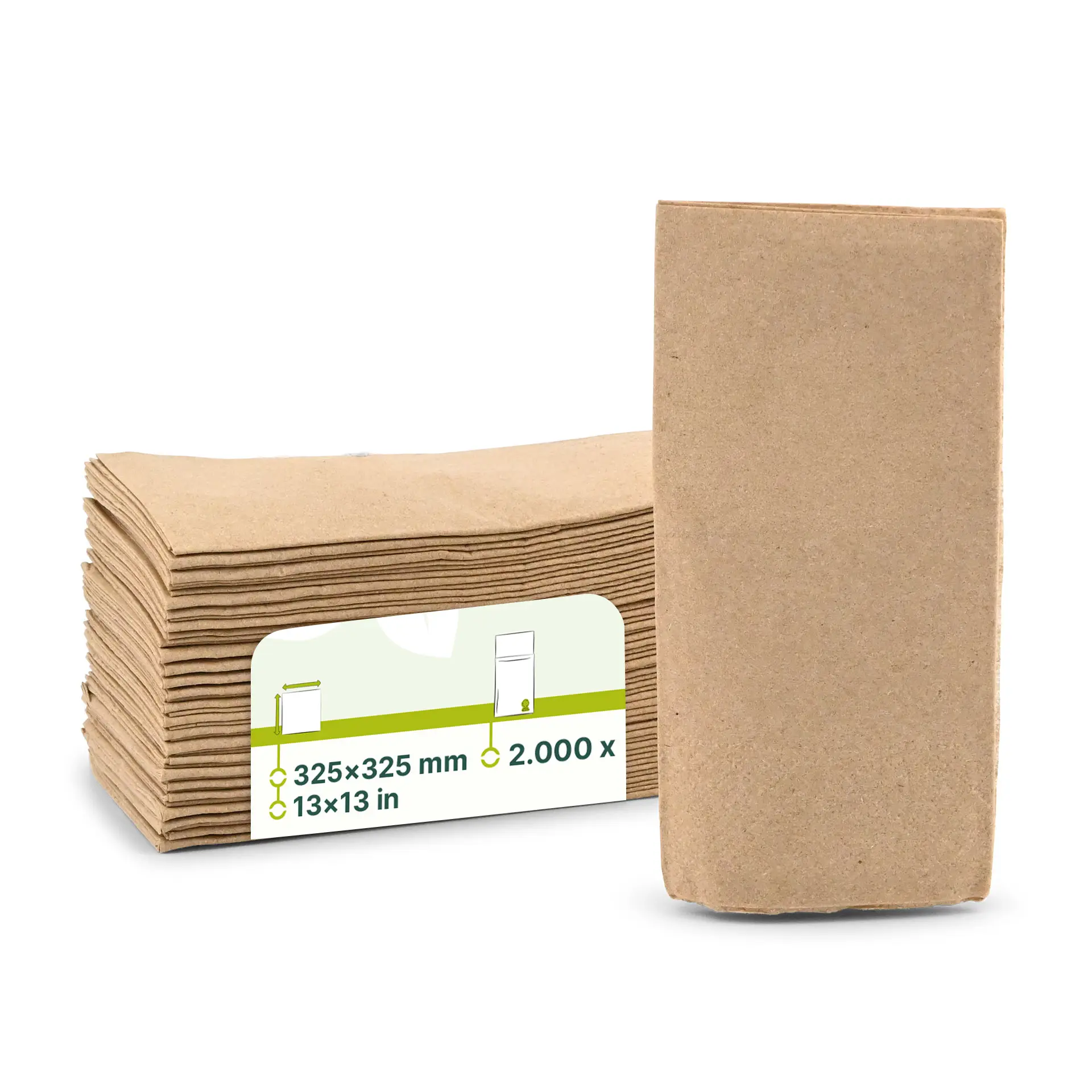 Stack of unbleached recycled paper napkins, 32.5 x 32.5 cm, with a label showing product details and a logo.