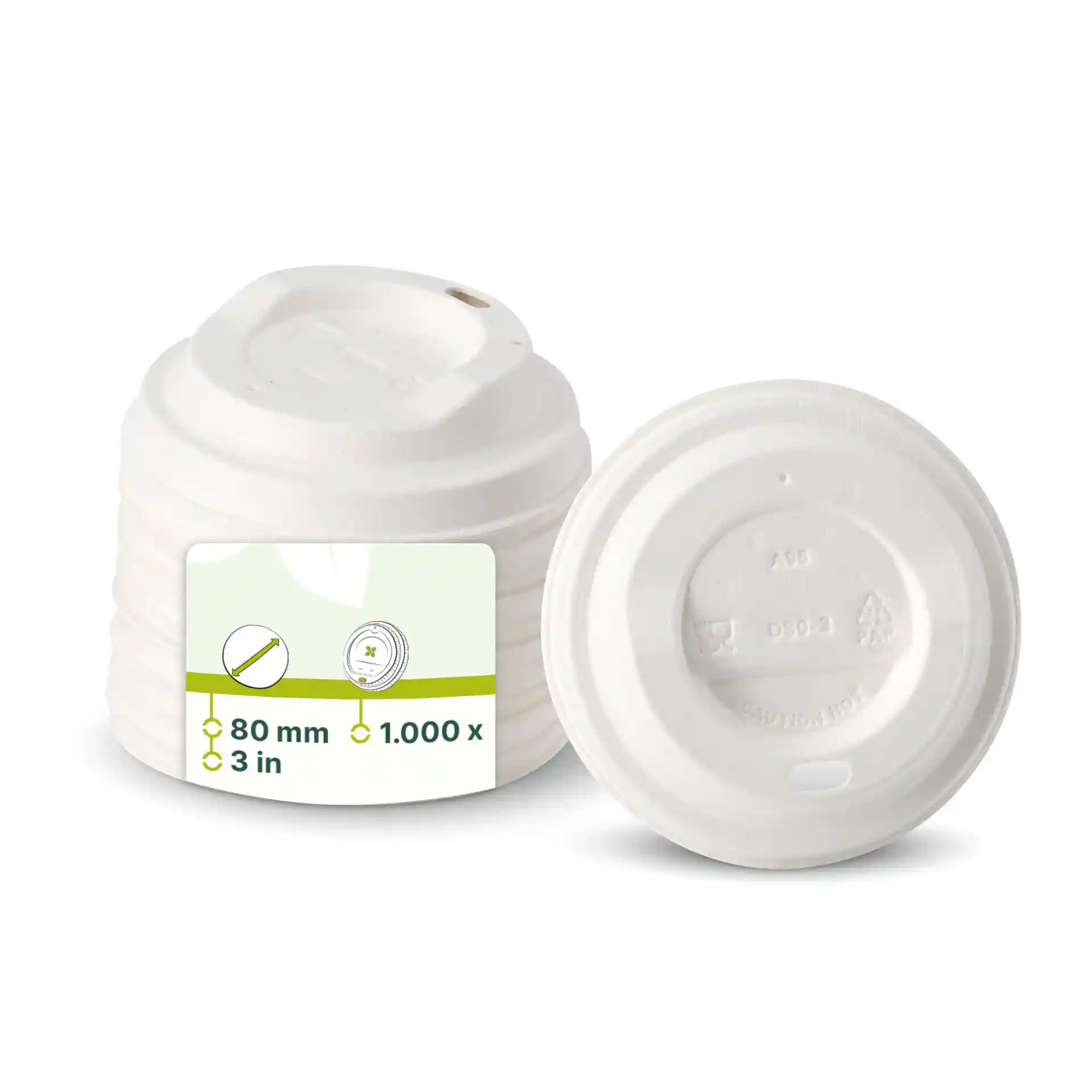 White paper lids with a diameter of 80 mm, featuring a drinking opening, stacked with one visible on the side.