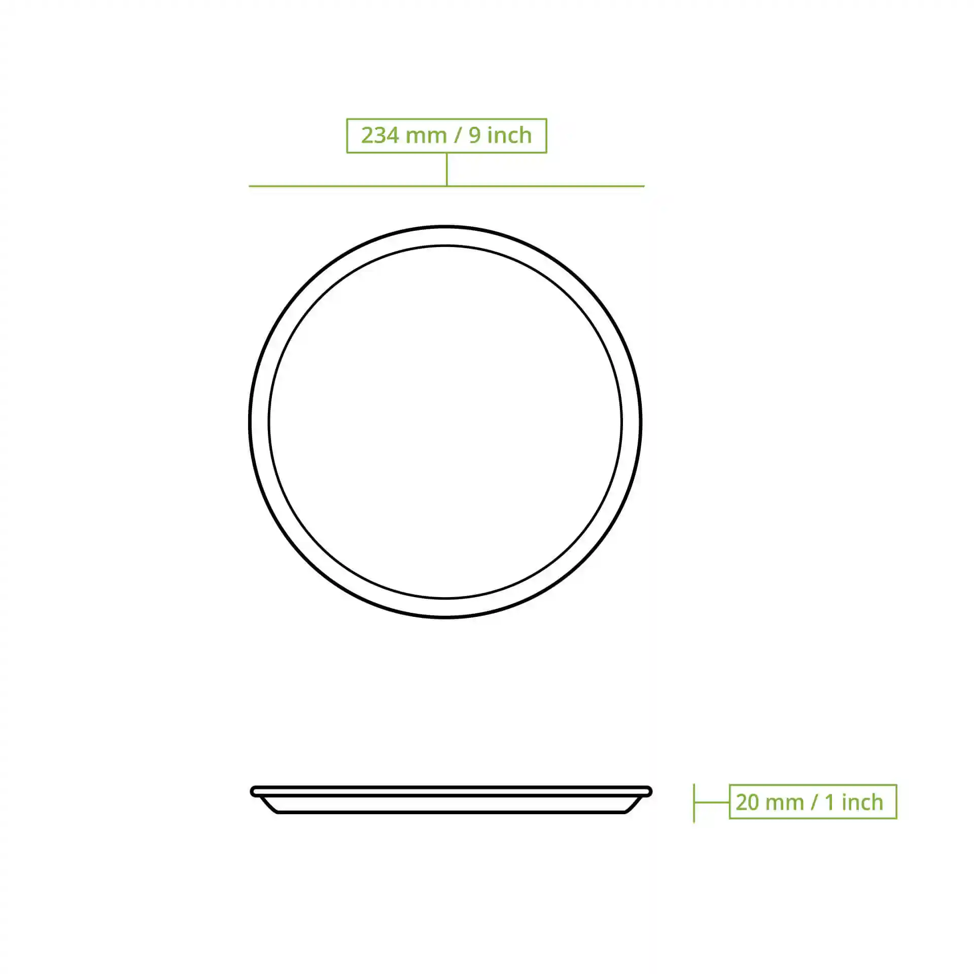 Schematic drawing of a round palm leaf plate with a diameter of 234 mm and height of 20 mm.