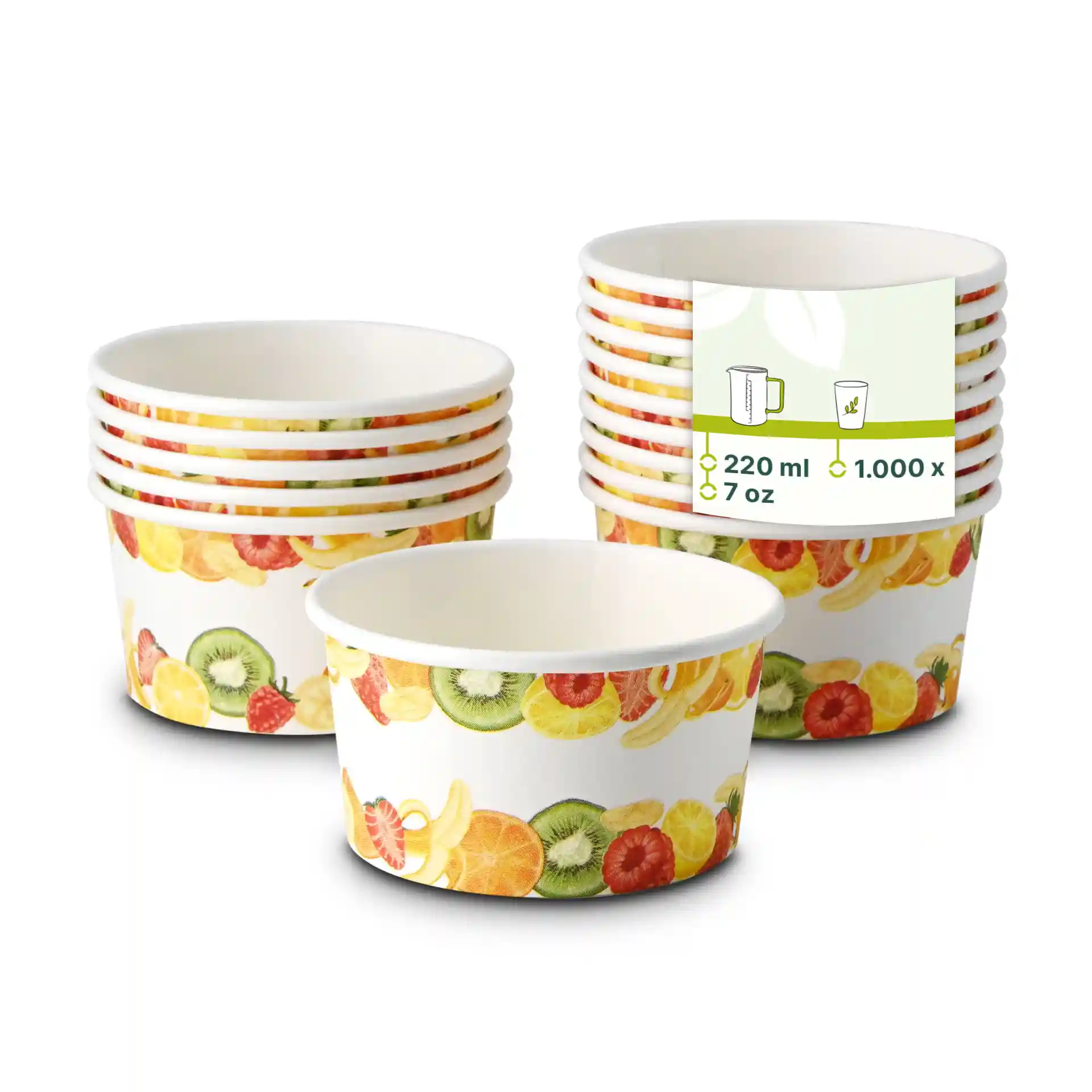Stack of paper cups with a fruit print, featuring one cup in front and several behind on a white background.