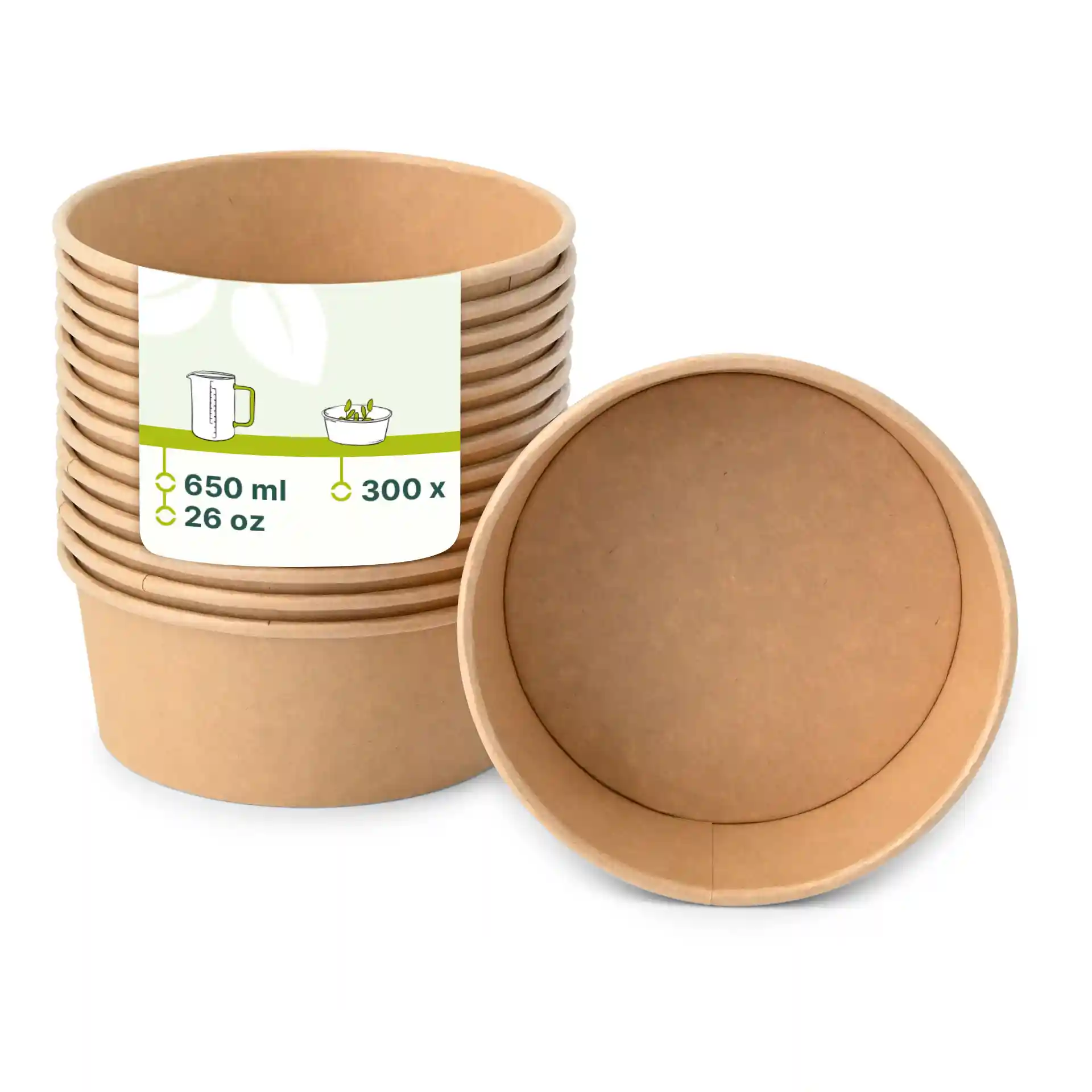Stack of brown paper bowls with a label showing capacity of 650 ml and dimensions, one bowl is placed on its side.