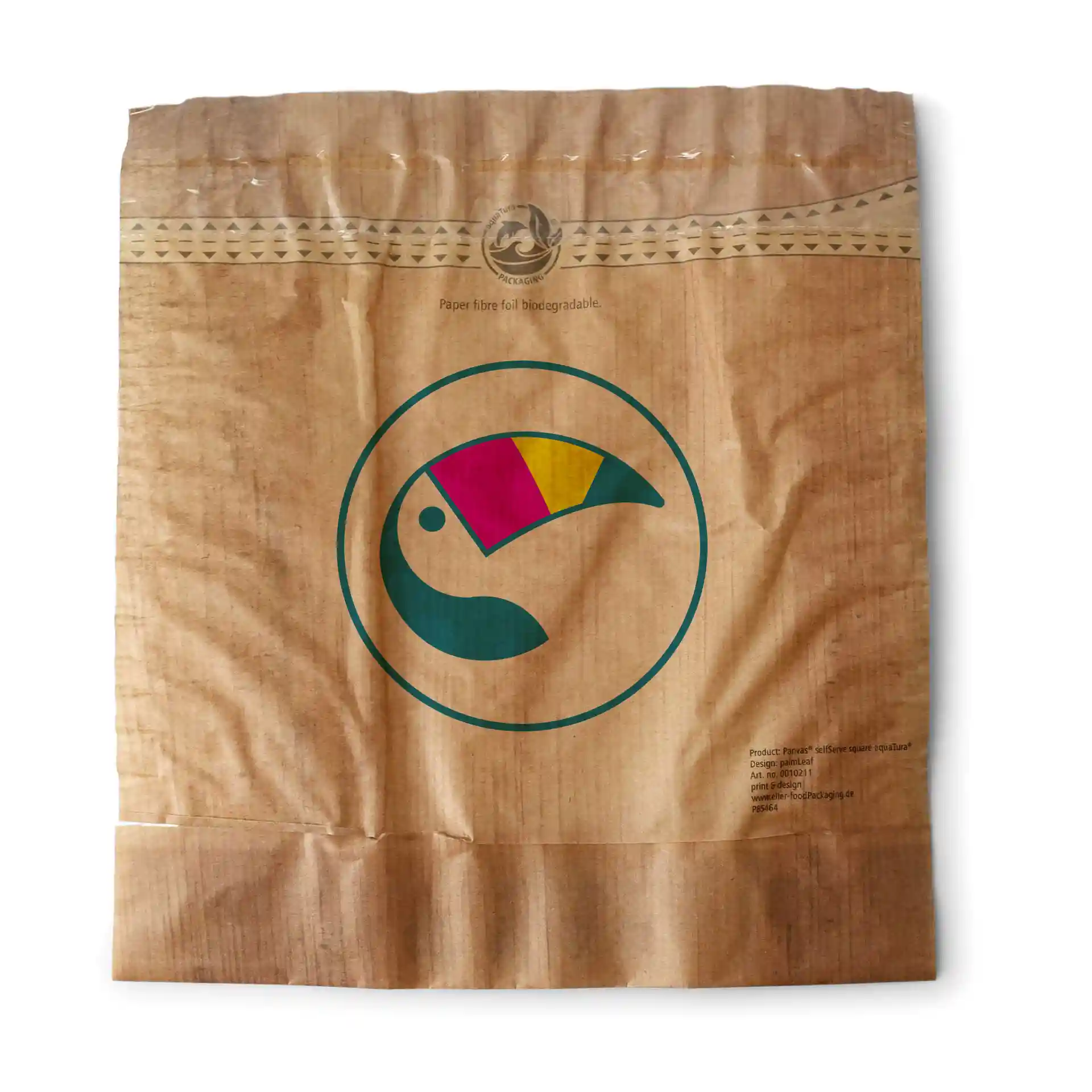 Brown snack bag with a window and adhesive seal, featuring a colorful toucan logo on the front.