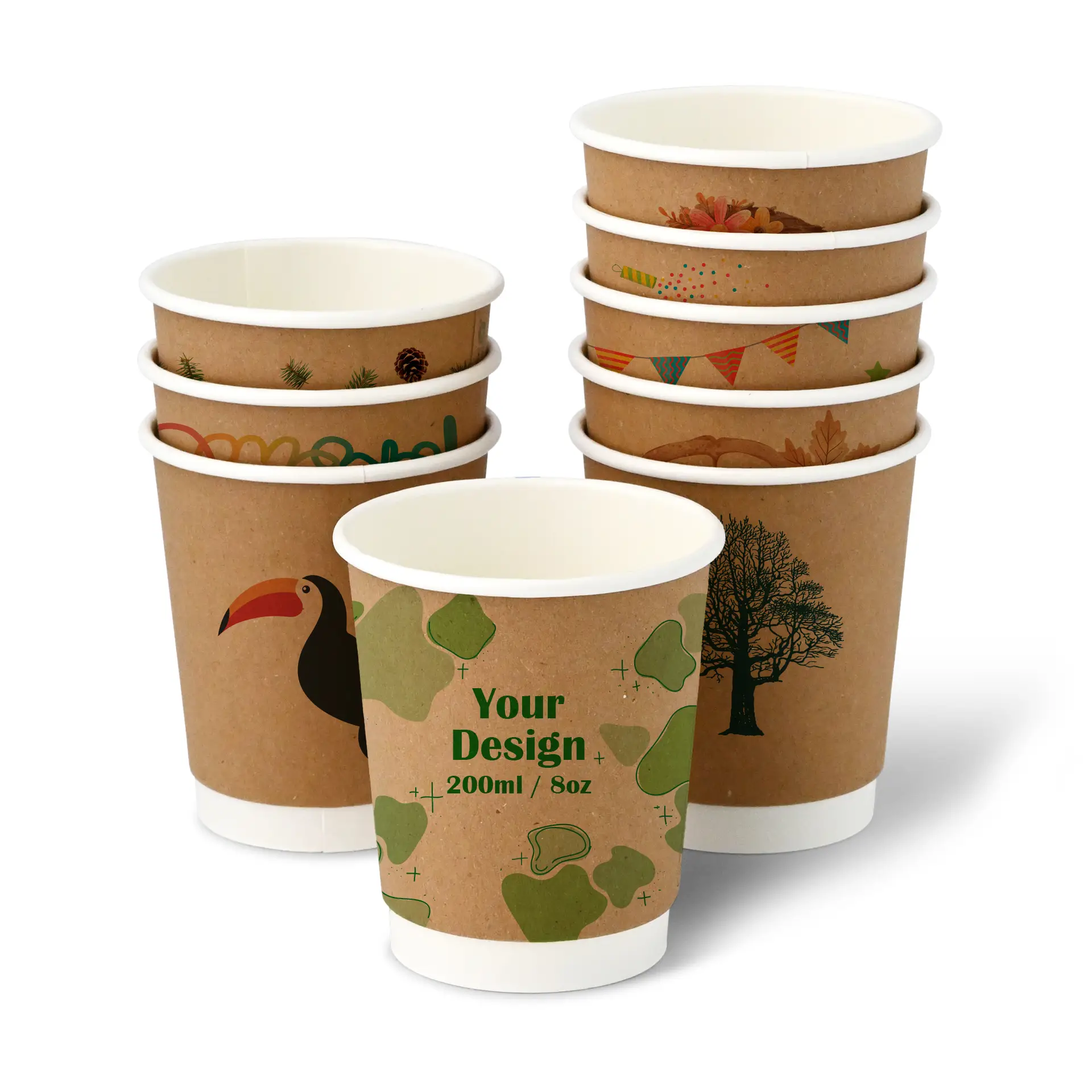 Custom Printed Paper Cups (Double-Walled) 200 ml / 8 oz, double-walled, brown / white, matt, PLA coating Custom Printed Paper Cups (Double-Walled) 200 ml / 8 oz, double-walled, brown / white, matt, PLA coating