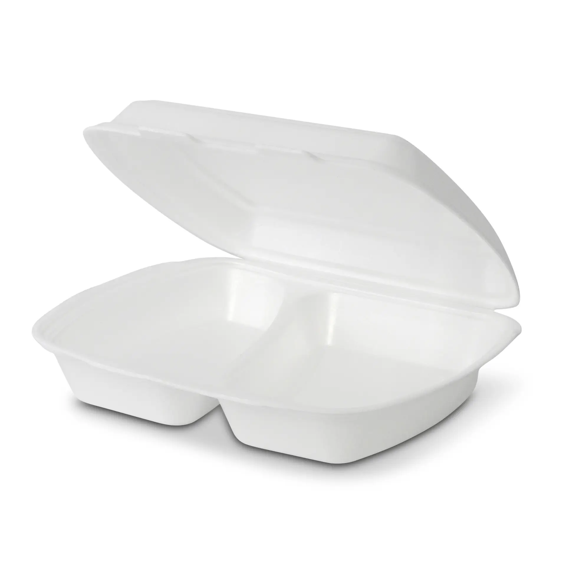 White, two-compartment food container with a hinged lid, shown open for visibility.