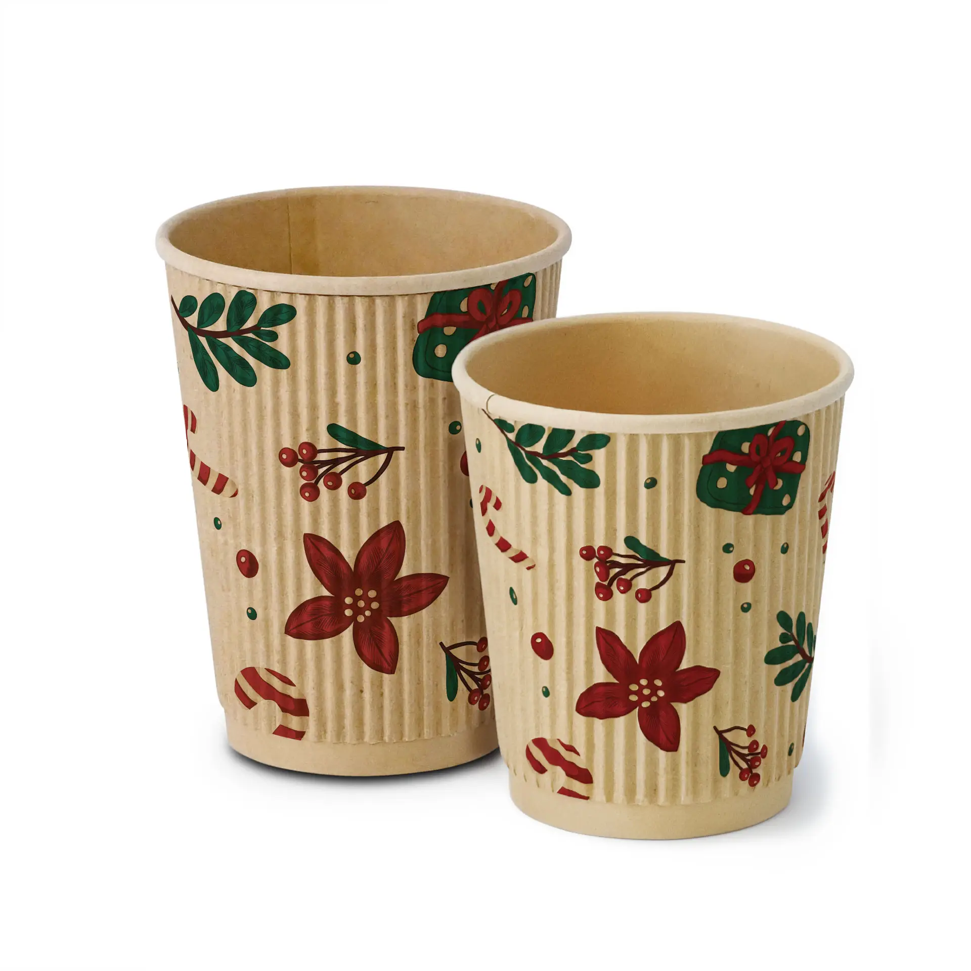 Brown ripple cups with winter design, featuring red flowers, green leaves, and candy canes, in two sizes.
