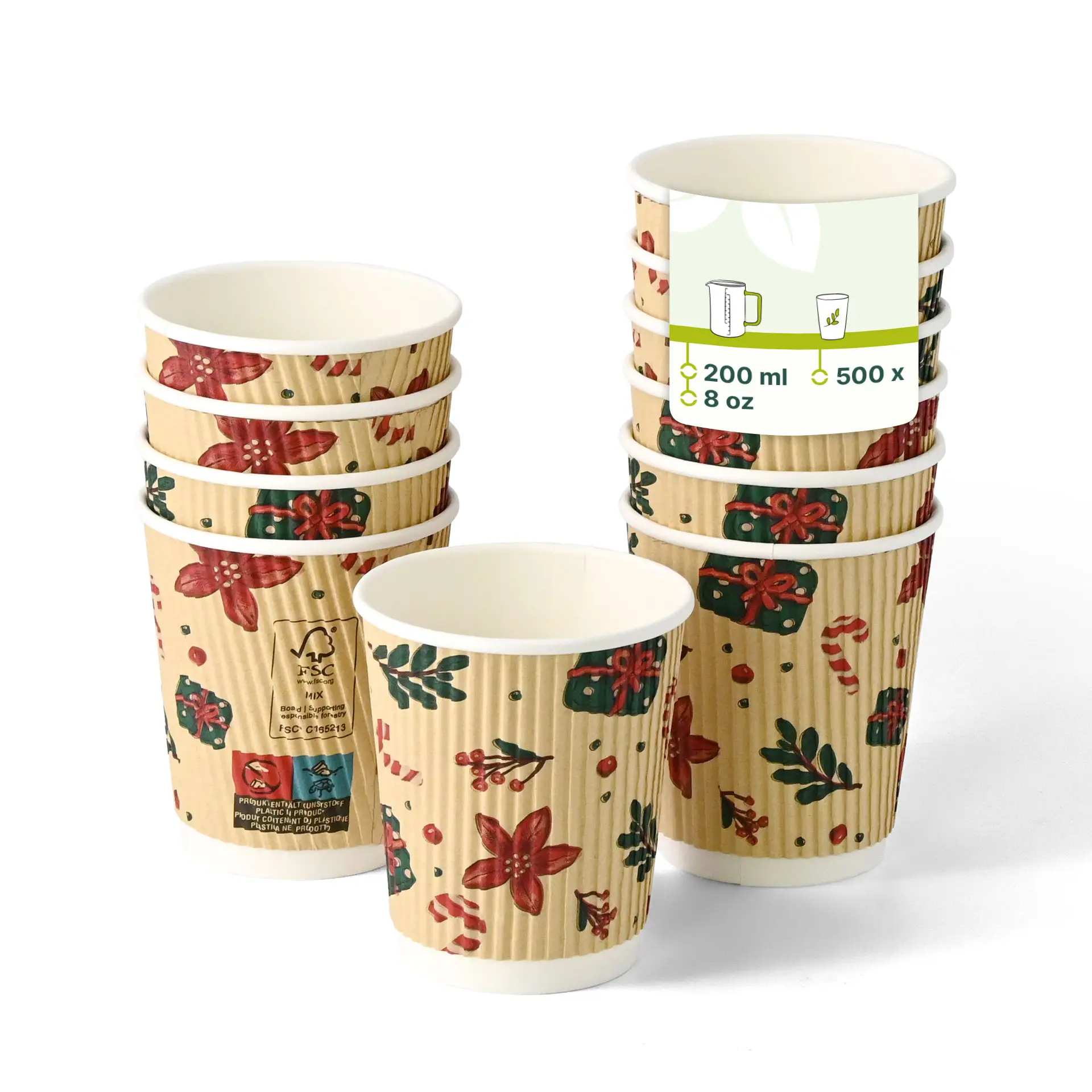 Ripple cup with winter design, 200 ml capacity, brown color, stacked with several cups visible.