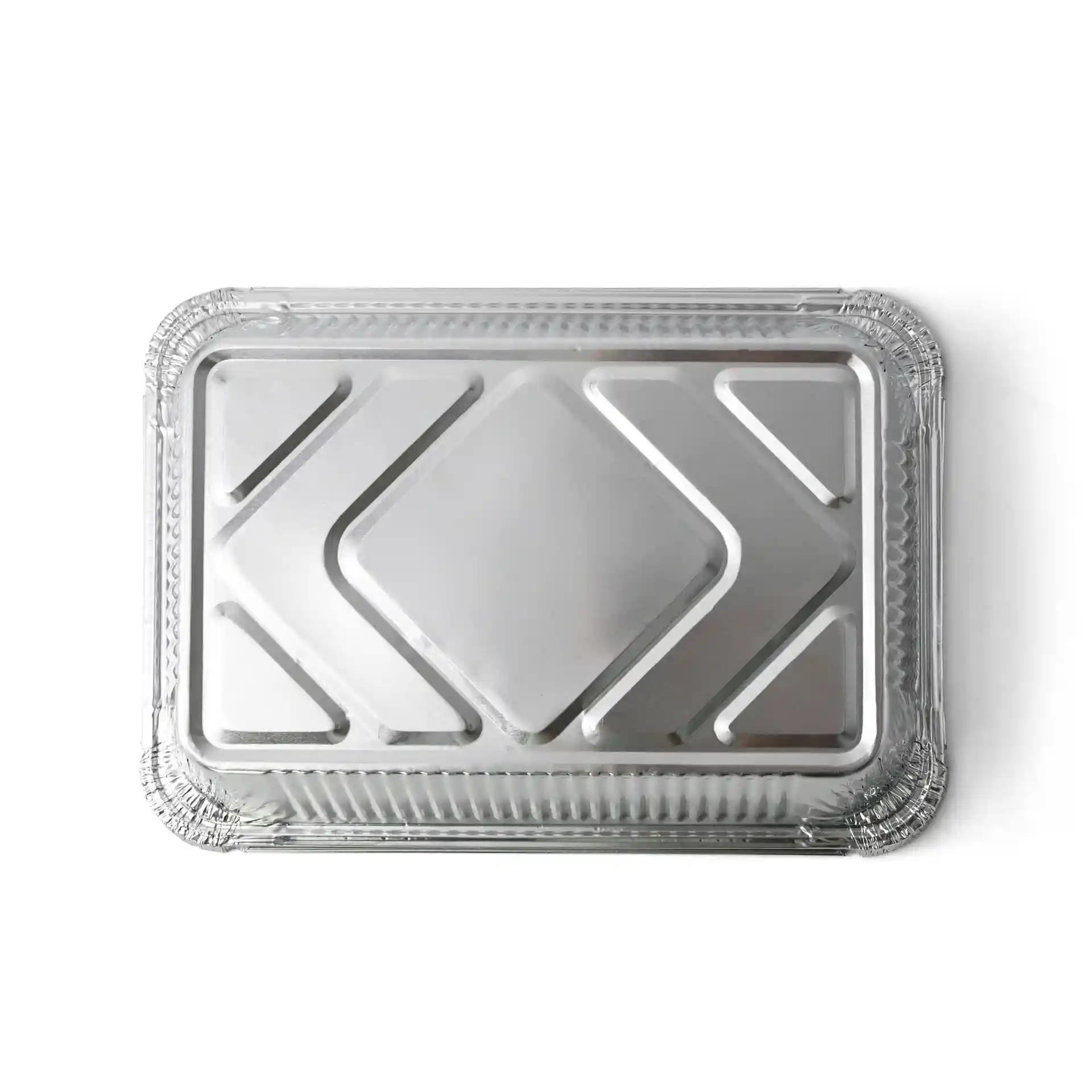 Rectangular aluminum container measuring 21.4 x 14.9 x 4.3 cm with a shiny surface and patterned design.