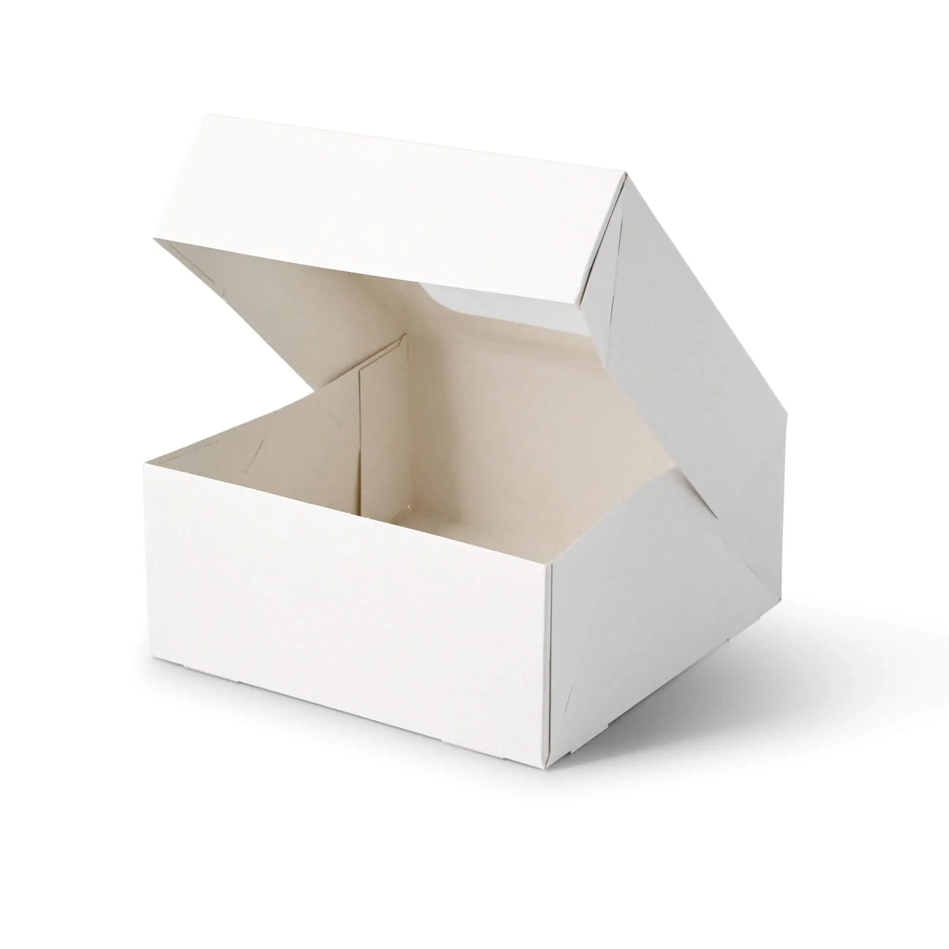 White cupcake box with an open top, designed to hold four cupcakes or baked goods, featuring a cellulose window.