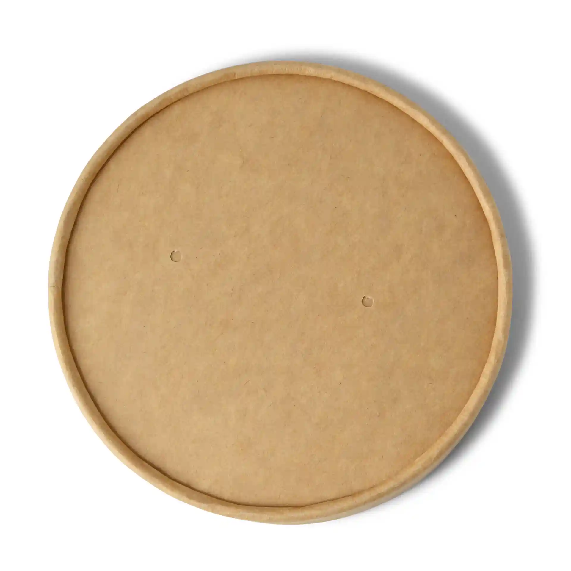 Round cardboard lid with a brown surface, featuring two small holes, diameter of 117 mm.