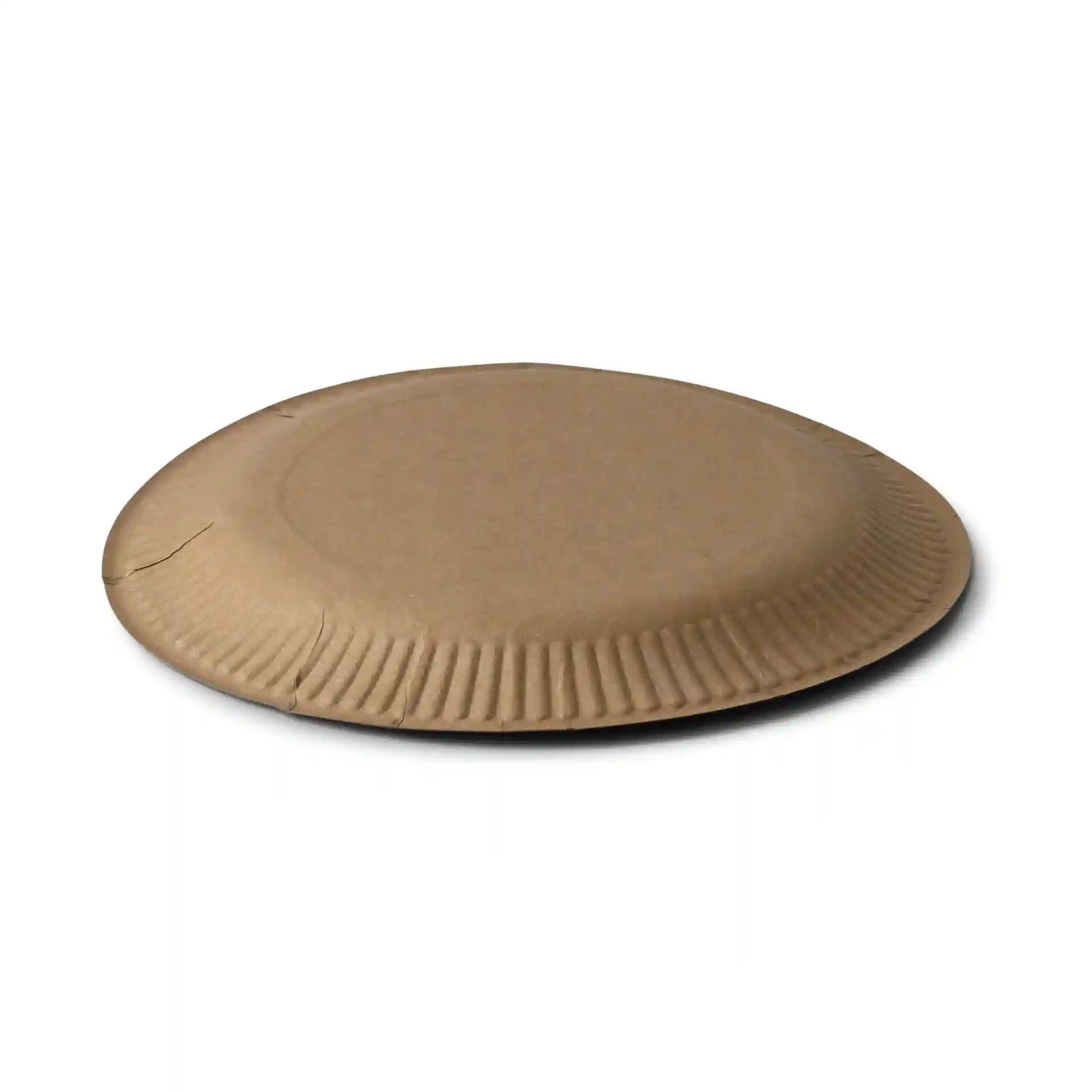 Brown paper plate, round shape, 23 cm diameter, shallow design, made of paperboard, with no coating.