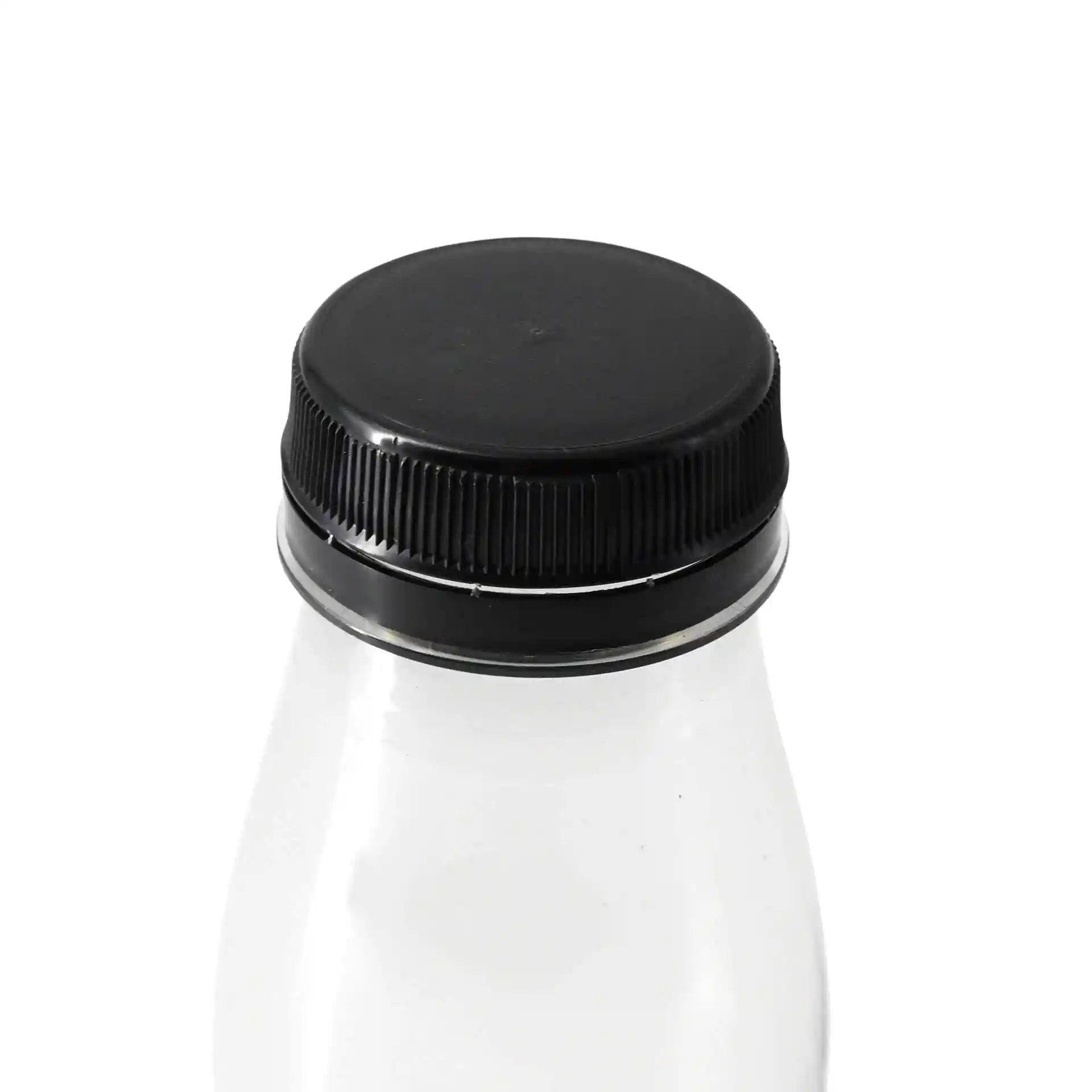 Clear rPET bottle with a black screw cap, showing the top view of the lid.