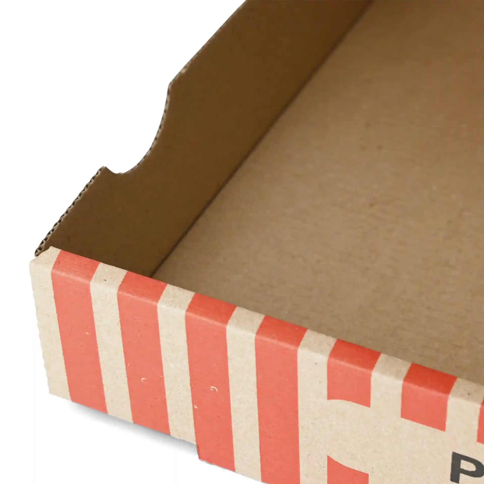 Cardboard pizza box with a brown interior and red striped design, measuring 26 x 26 x 4 cm.