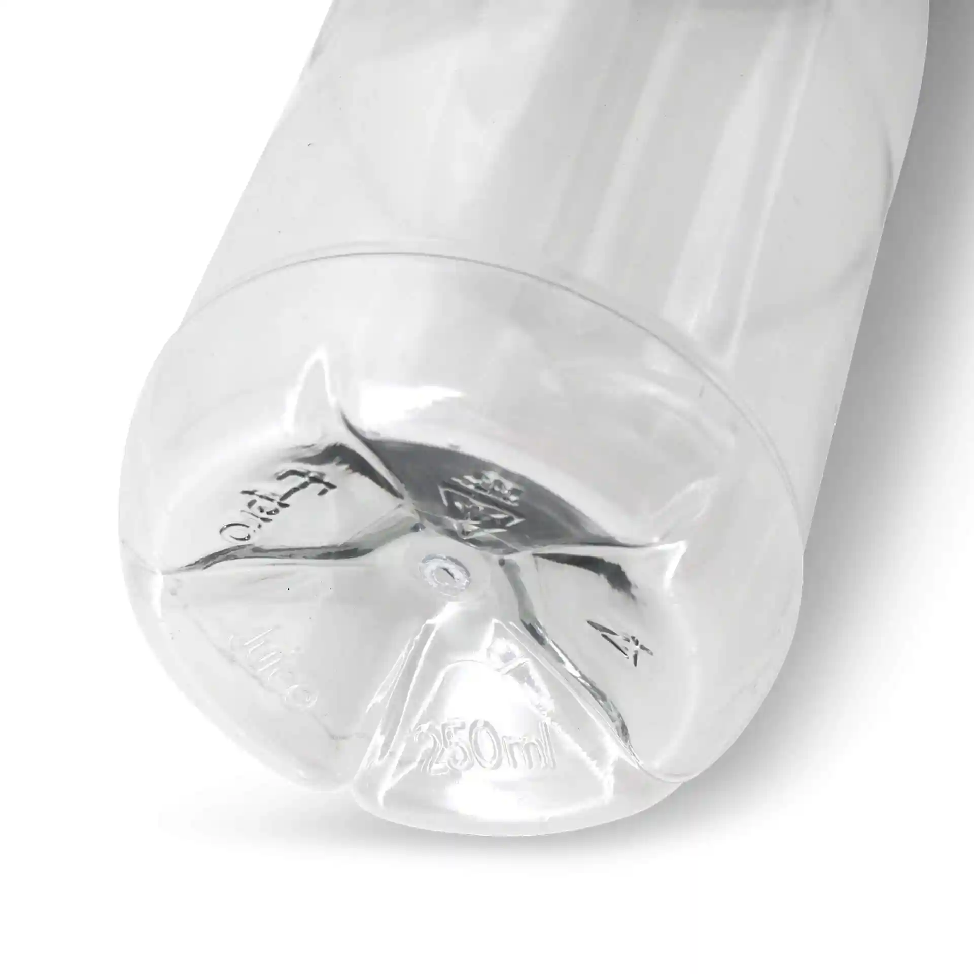 Clear rPET bottle with a black lid, 250 ml capacity, showing the bottom with markings and a transparent body.