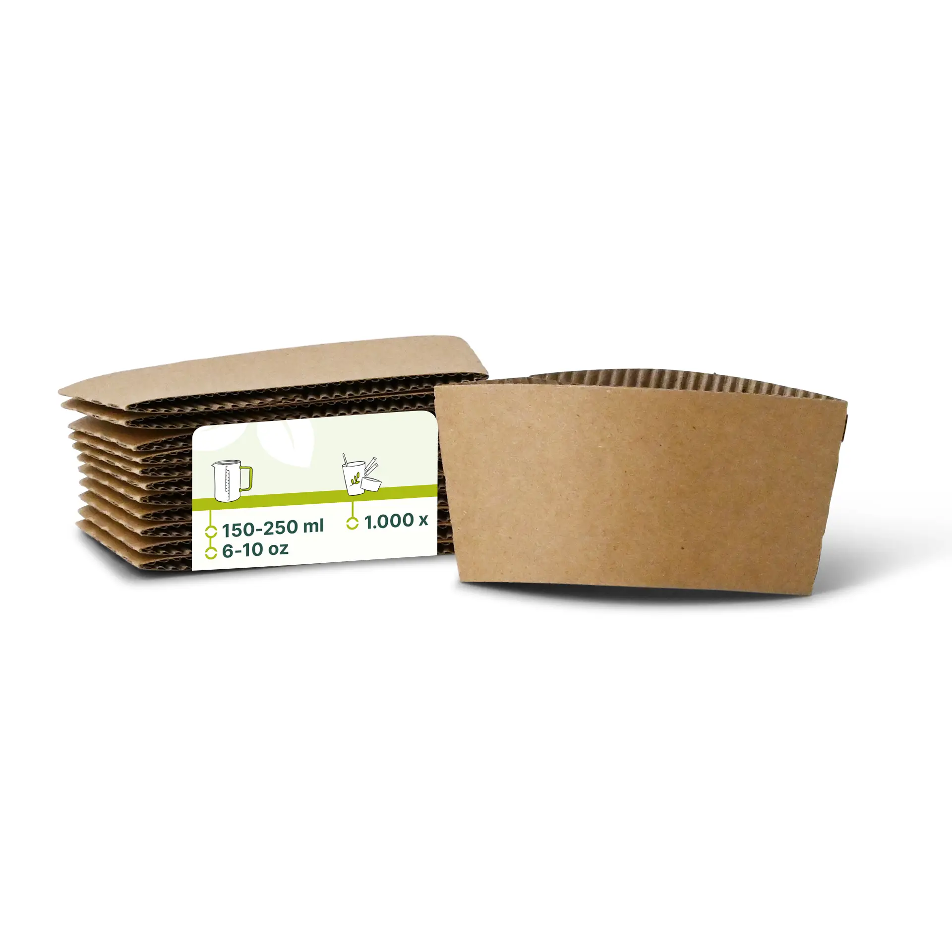 Brown cardboard cup sleeves for 150-250 ml paper cups, stacked with one sleeve partially open.