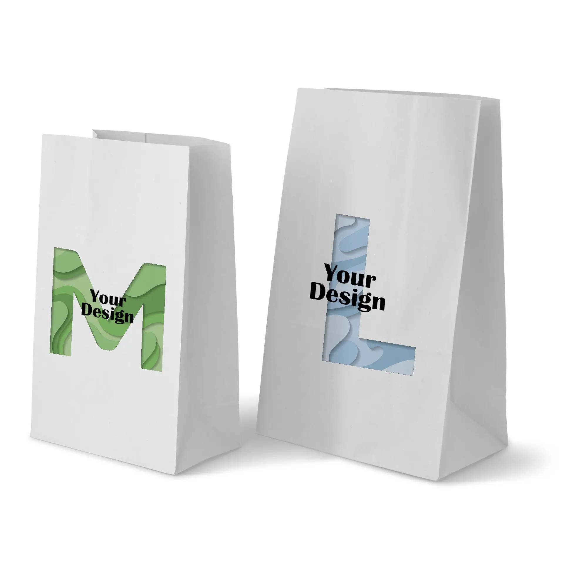 Printed paper bags (without handles), white, M – 22 x 12 x 36 cm