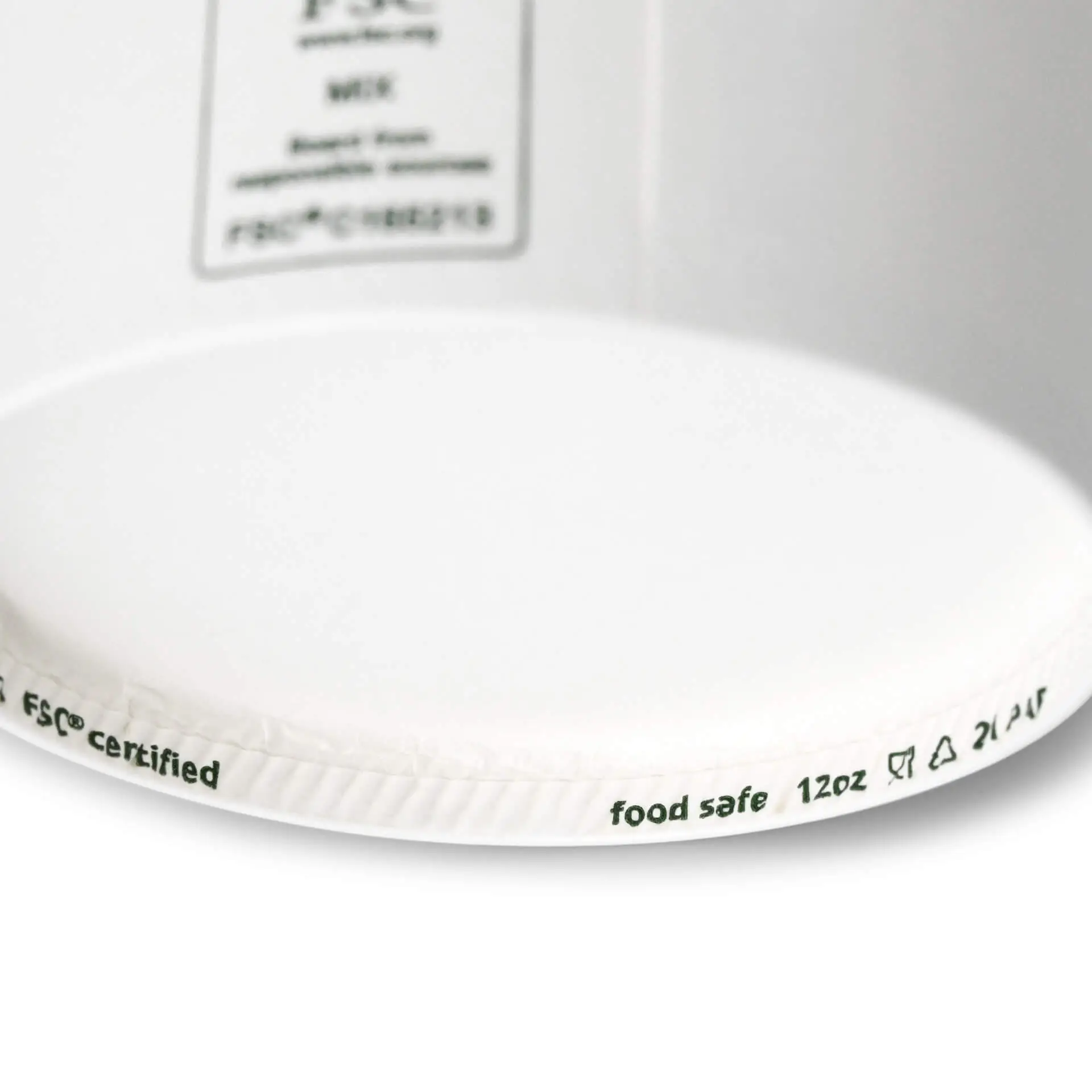 White paper ice cream tub with a diameter of 92 mm and markings on the bottom indicating food safety and volume.