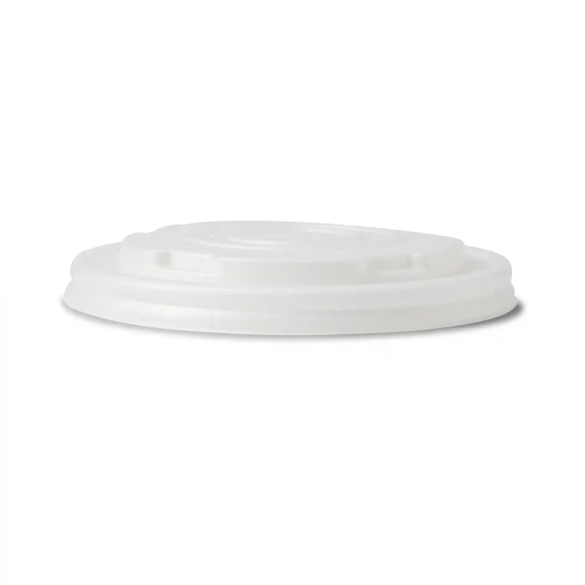 White CPLA flat lid with a diameter of 90 mm, designed for universal cups, shown from the side.
