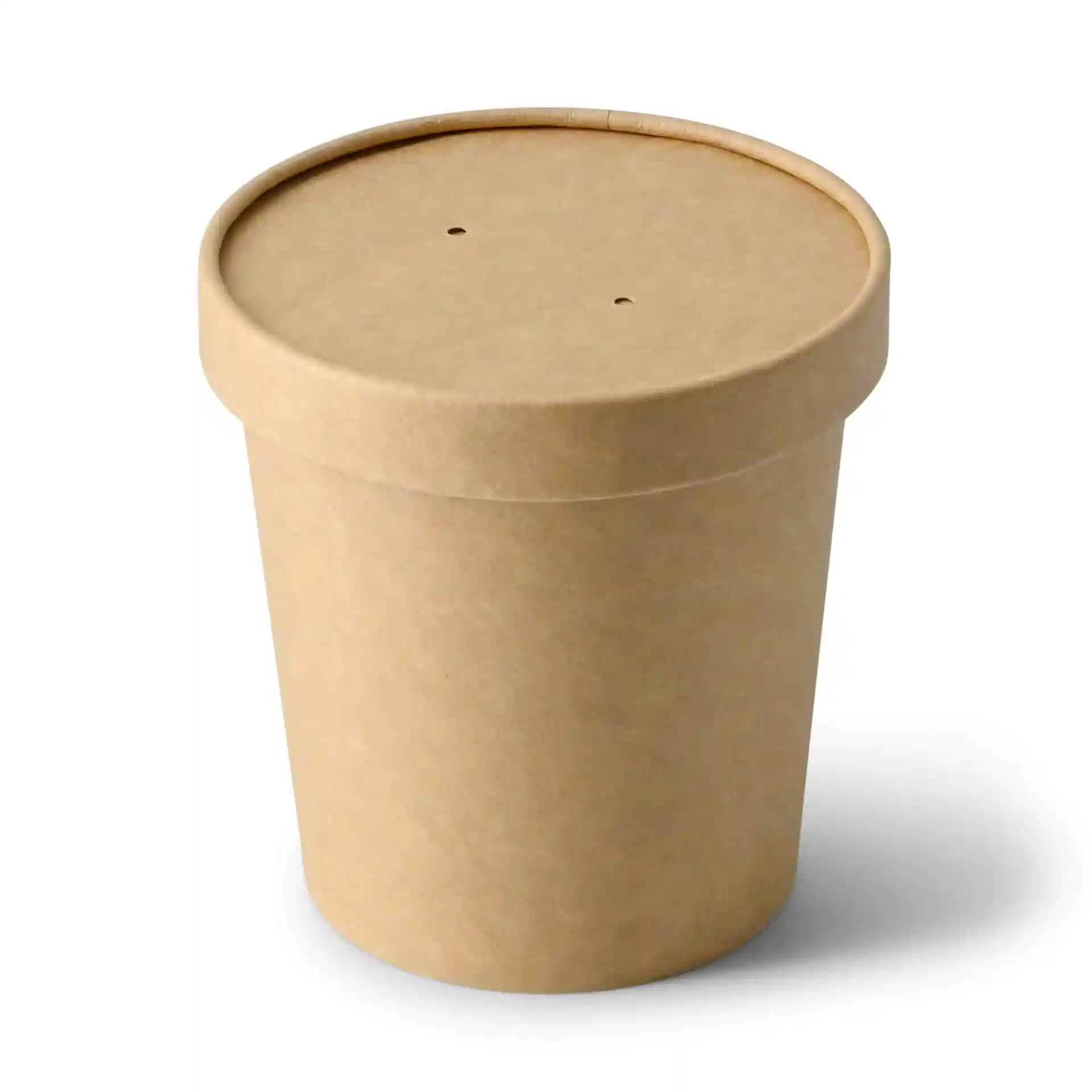 Brown cardboard container with a round shape and a lid featuring two small holes on top.