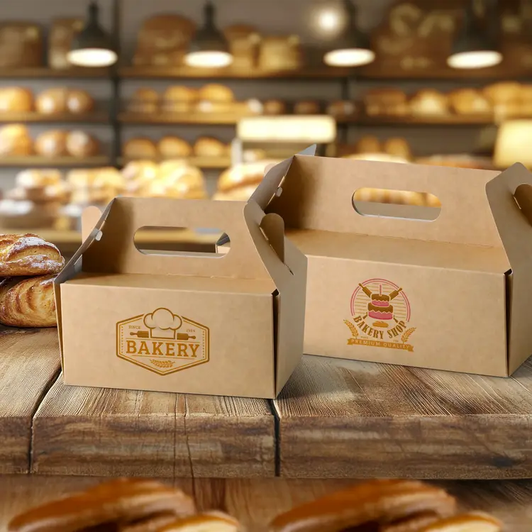 Two bakery boxes with handles, one labeled "BAKERY" and the other "BAKERY SHOP," on a wooden surface with pastries in the background.