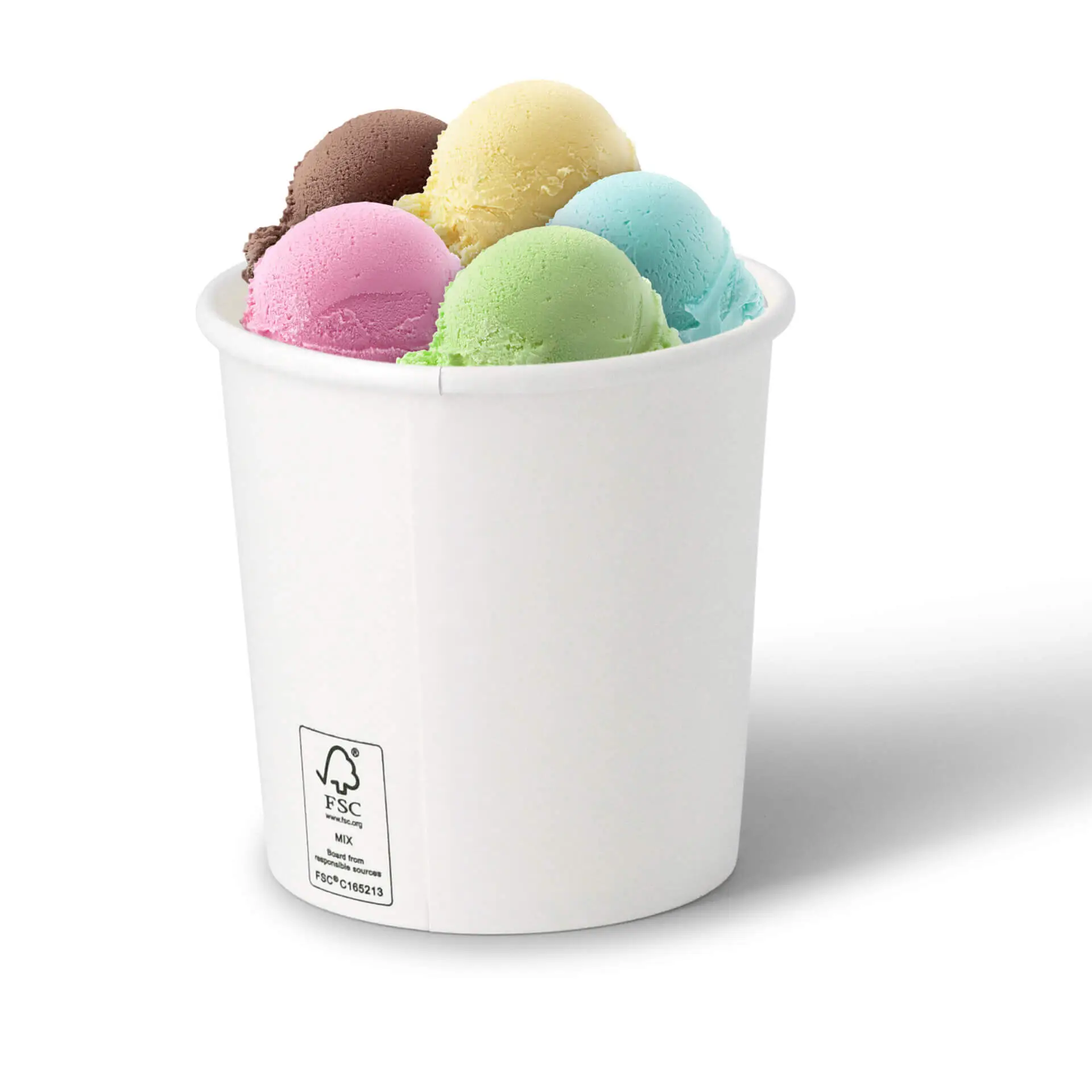 White paper ice cream tub filled with six scoops of ice cream in various colors: brown, yellow, pink, green, blue, and mint.