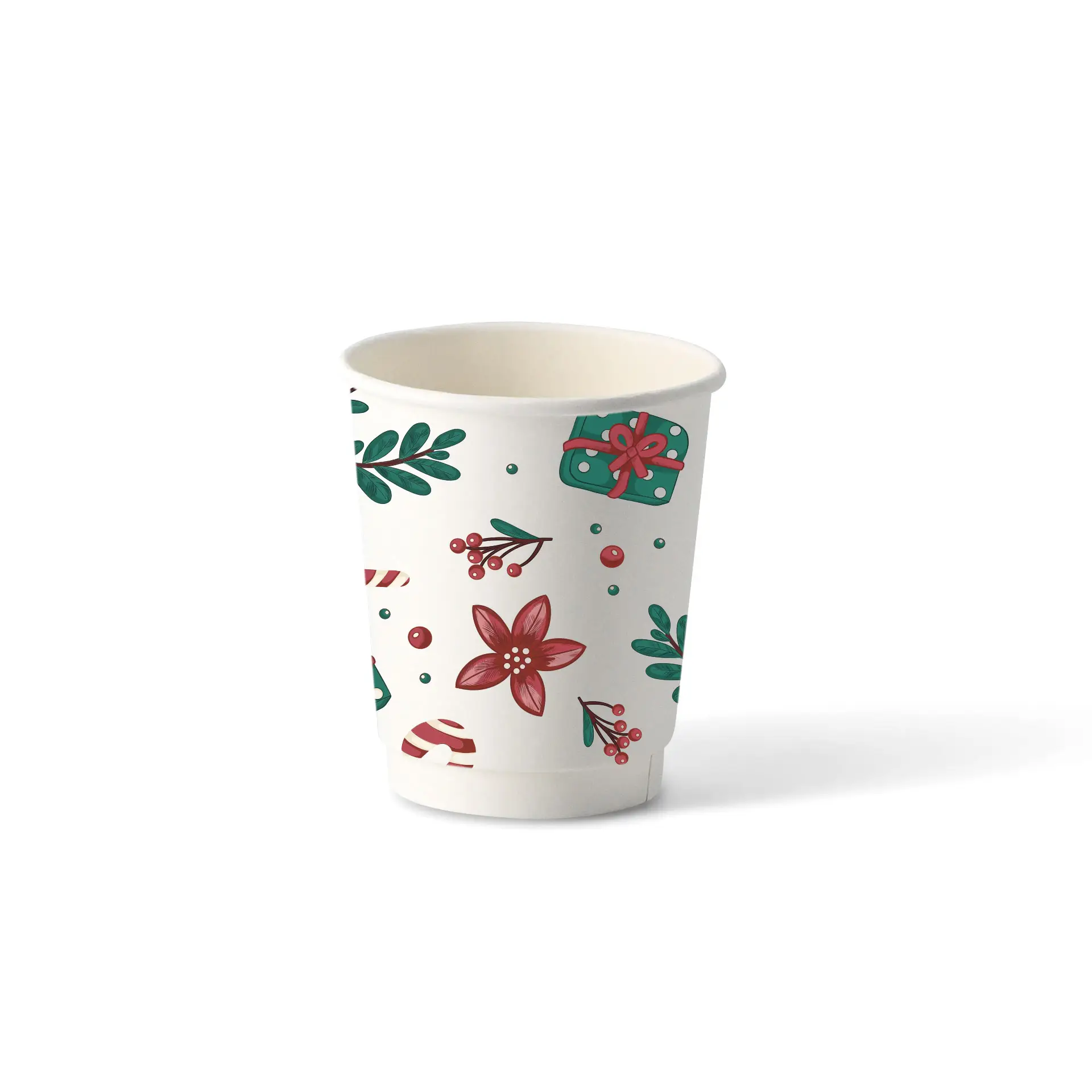 White double-wall coffee cup with winter-themed design featuring flowers, leaves, and gifts. Capacity of 200 ml.