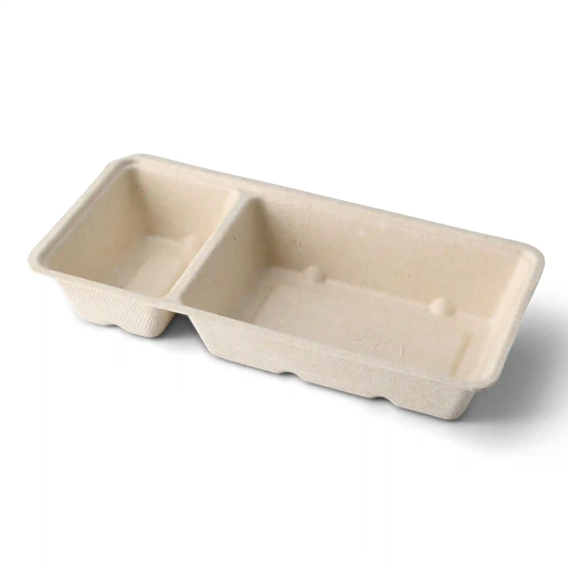 Rectangular cream white bagasse chip tray with two compartments, measuring 9.5 x 20 x 3.5 cm.