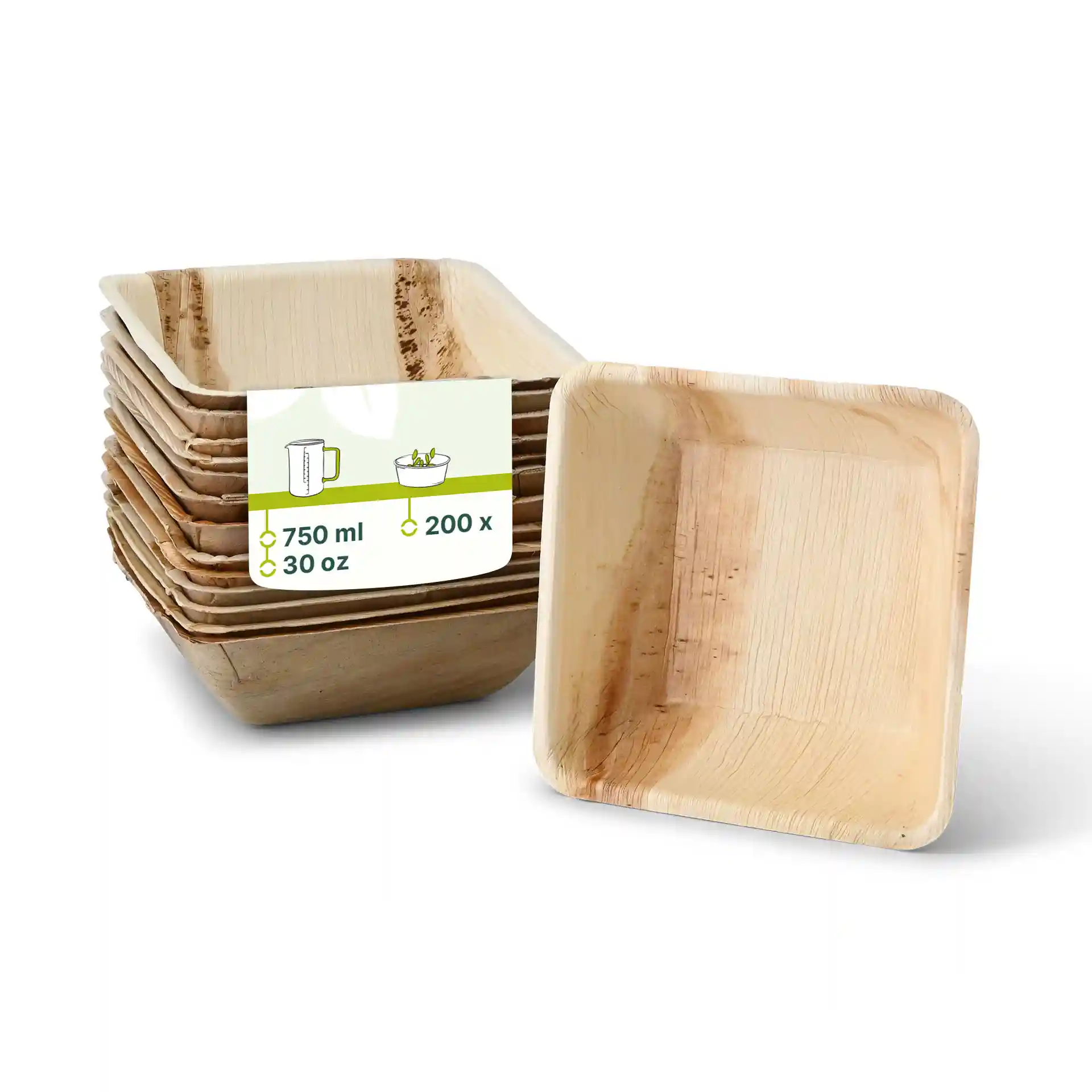 Stack of square palm leaf bowls with one bowl displayed, showing a natural grain texture and a label with product details.