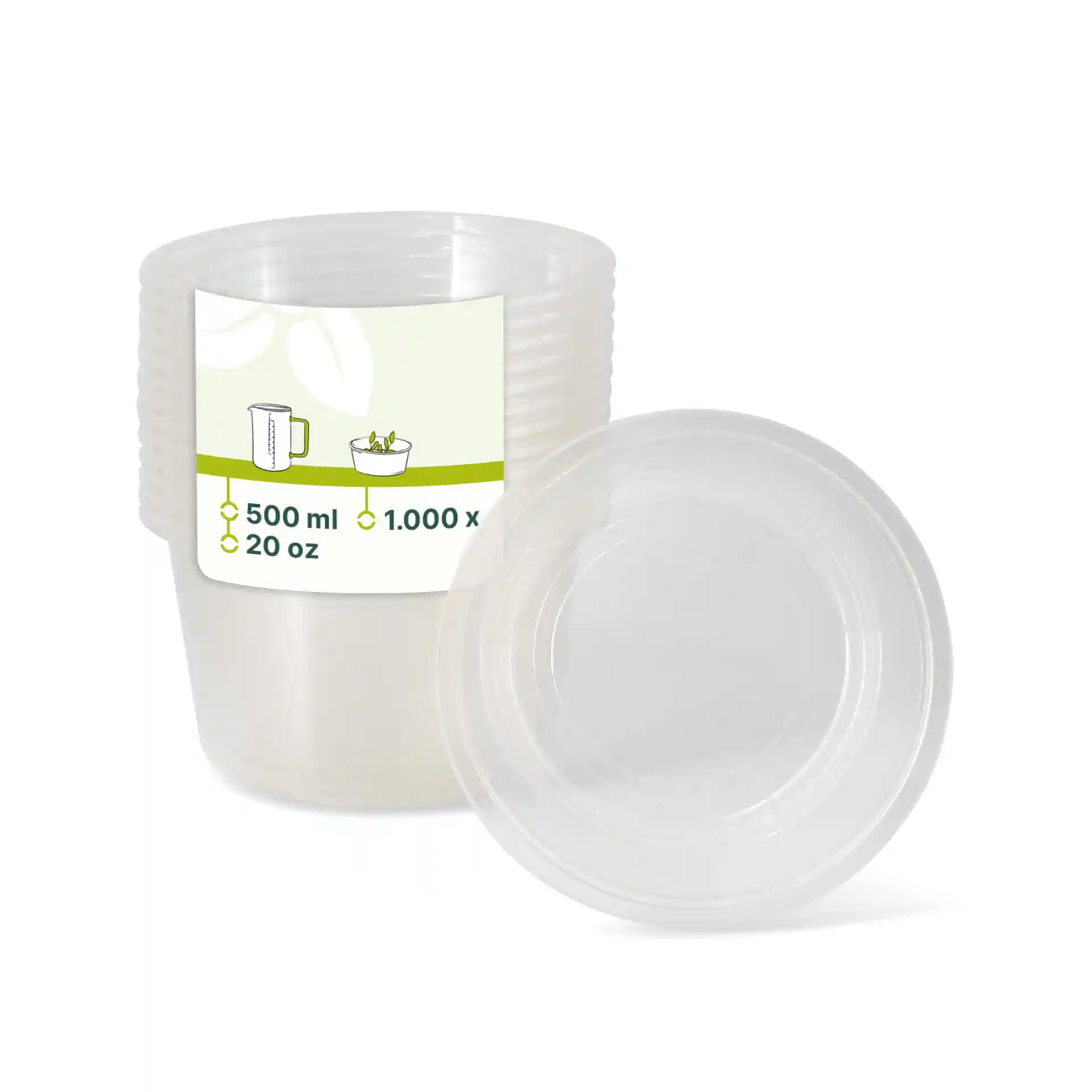 Transparent round deli container with a capacity of 500 ml, shown with several stacked and one on its side.