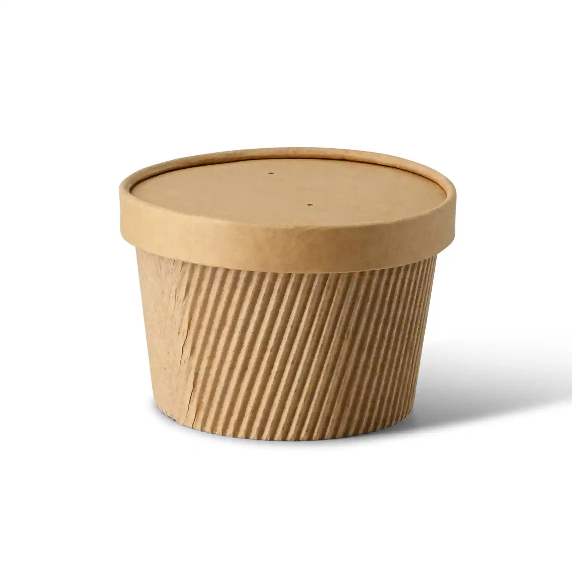 Round brown cardboard container with a lid, featuring a ribbed texture and two small holes on top.