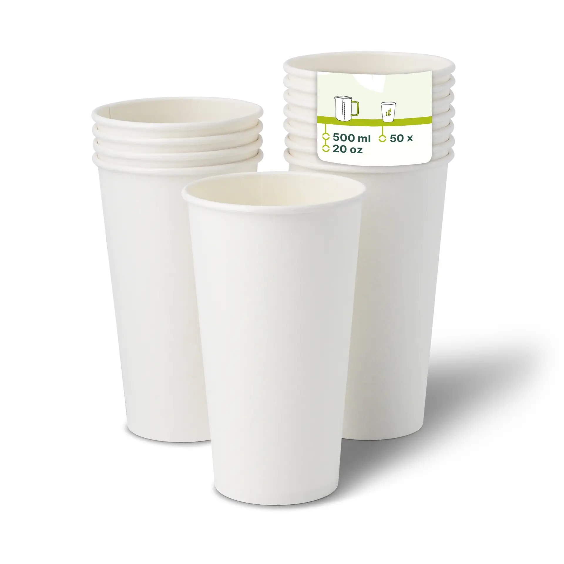 White paper cups stacked, with a label showing capacity of 500 ml and quantity of 50 cups.