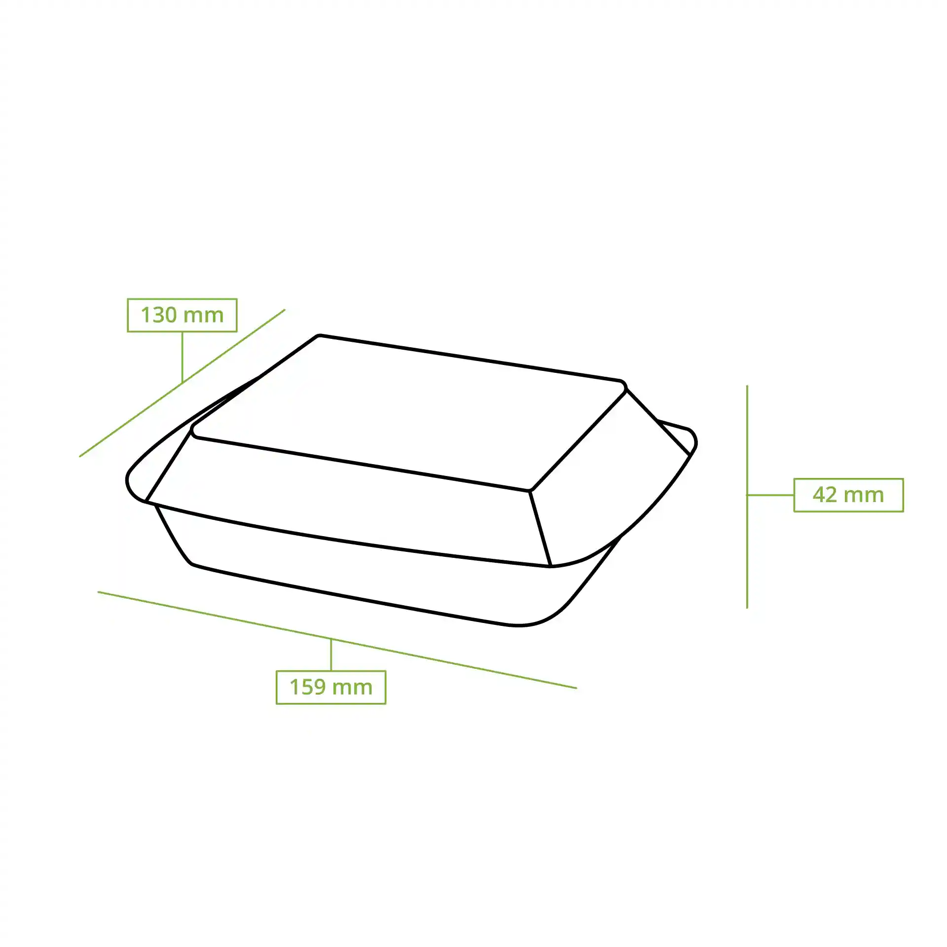 Schematic drawing of a rectangular deli bowl with dimensions 159 mm length, 130 mm width, and 42 mm height.