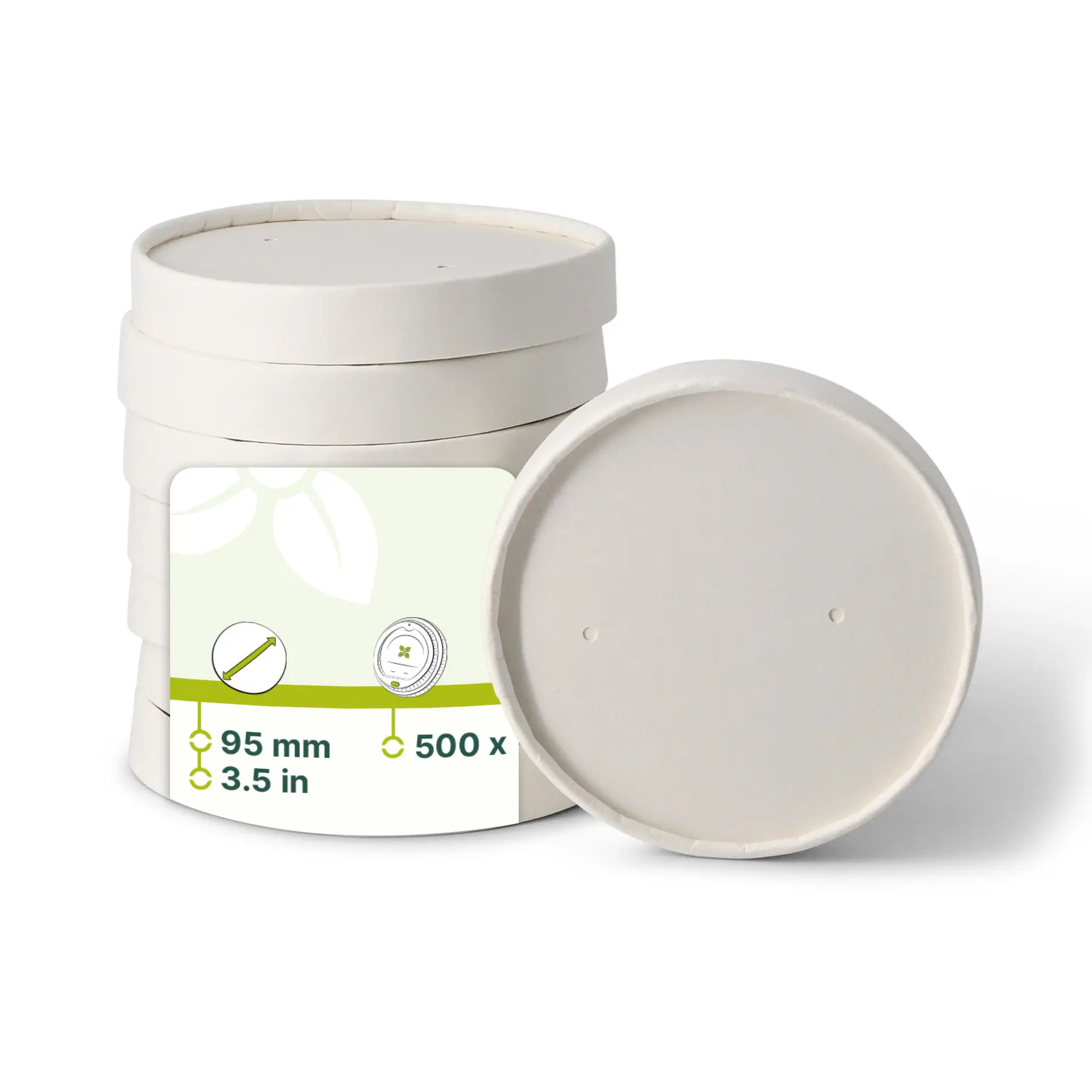 Stack of white cardboard lids with a diameter of 95 mm, one lid shown on its side, displaying a label with icons.