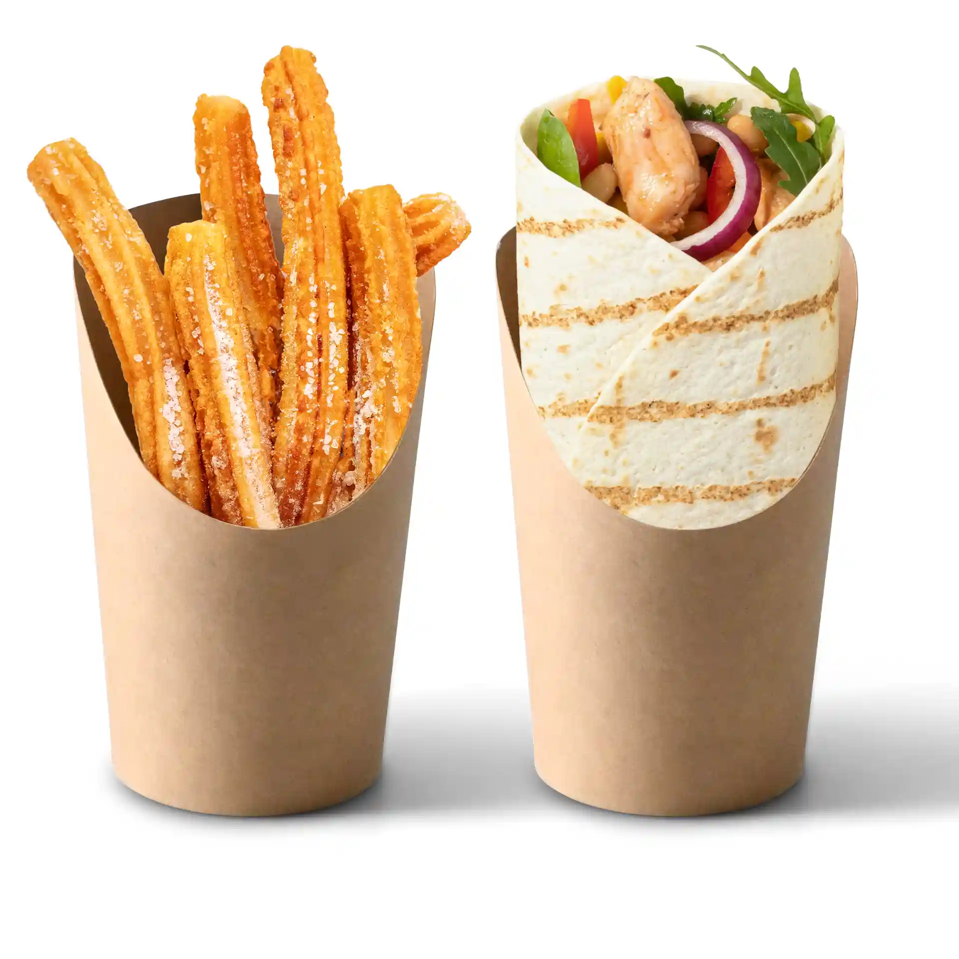Image showing two brown cardboard cups: one filled with churros and the other with a wrapped tortilla containing fillings.
