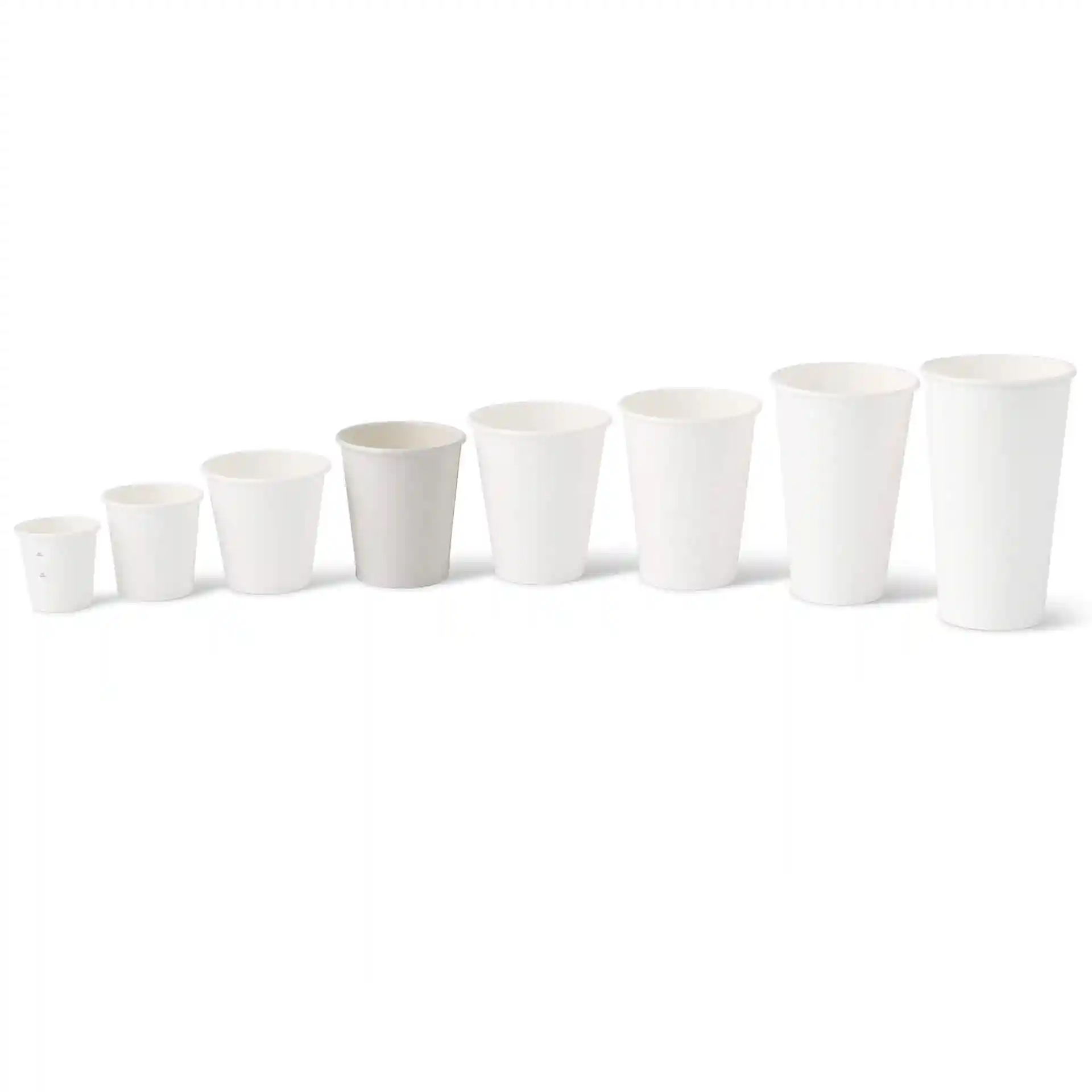 Set of eight white paper cups in varying sizes, displayed from smallest to largest, with a round shape.