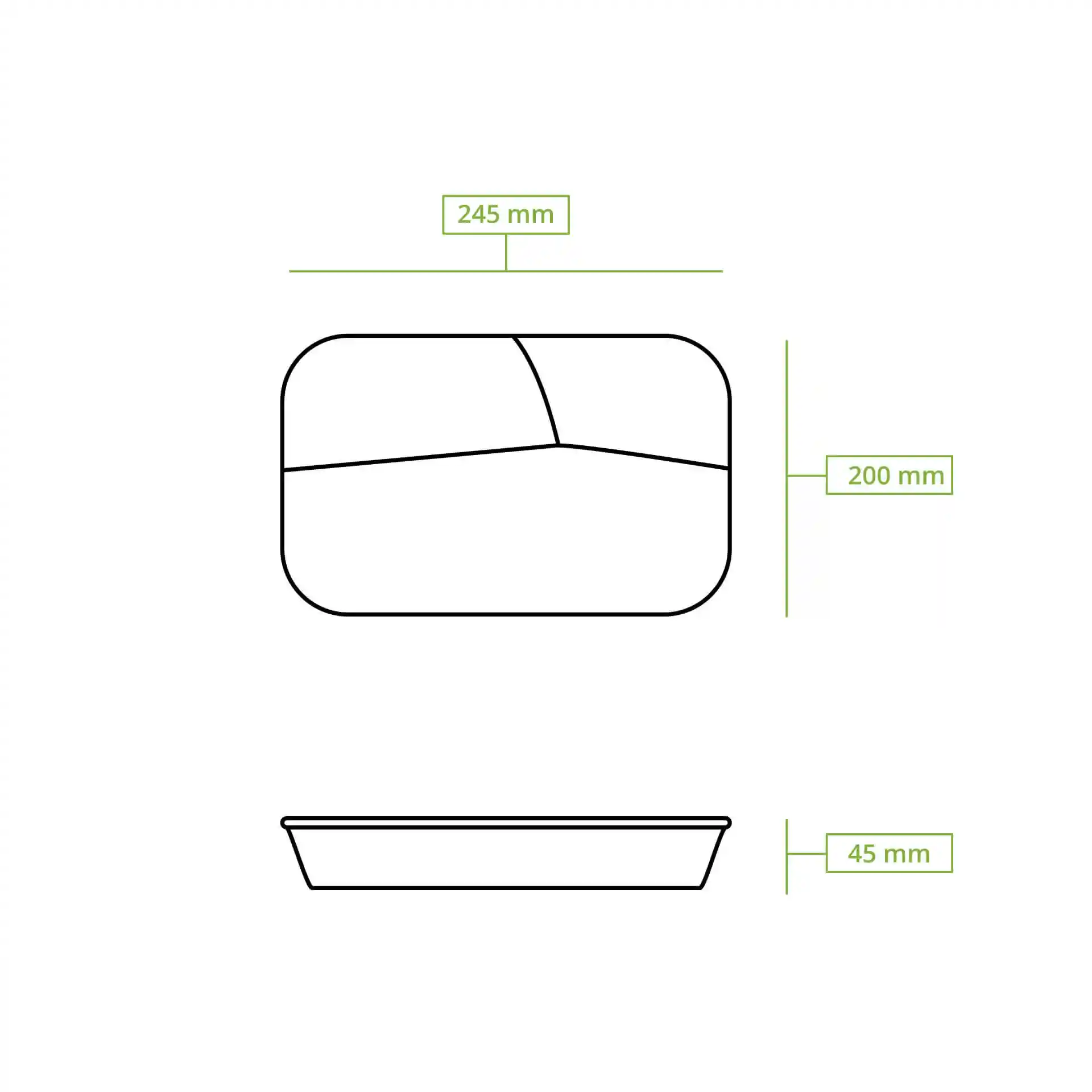Schematic drawing of a reusable meal container with three compartments, dimensions 245 mm x 200 mm x 45 mm.