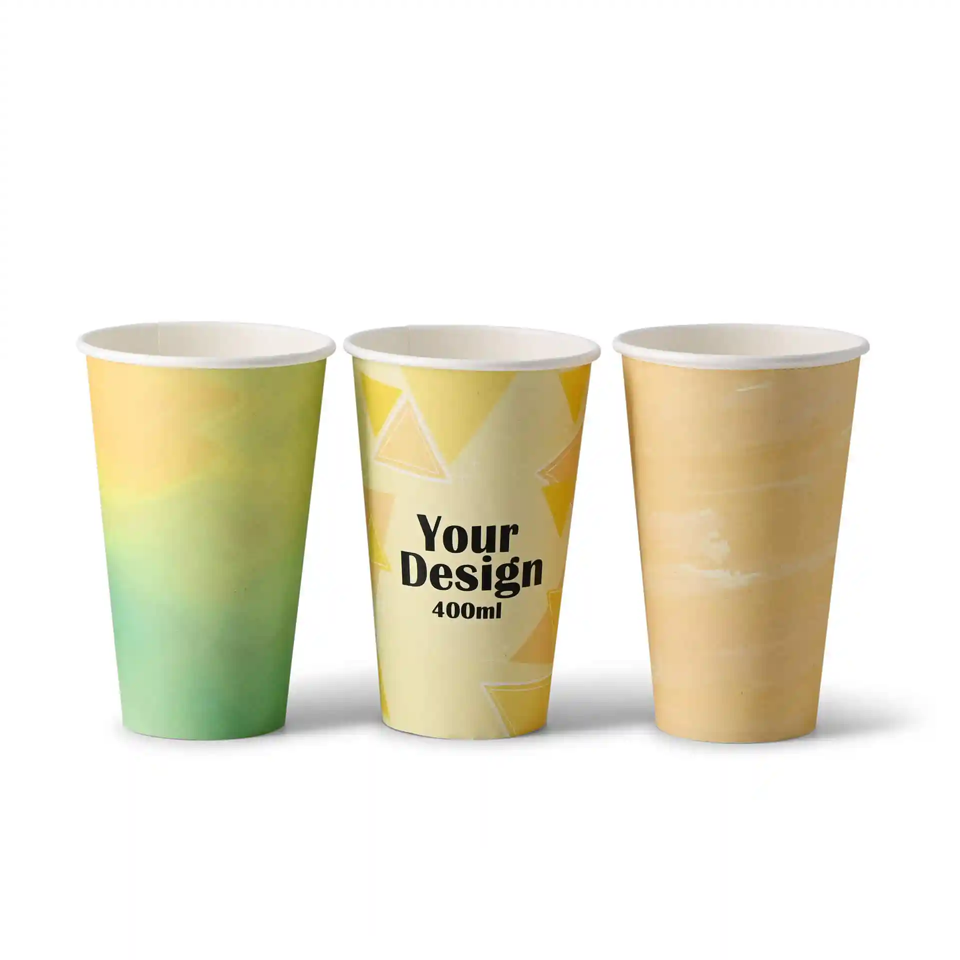 Image of three paper cups with varying designs: one green gradient, one with geometric shapes, and one beige. Each cup holds 400 ml.