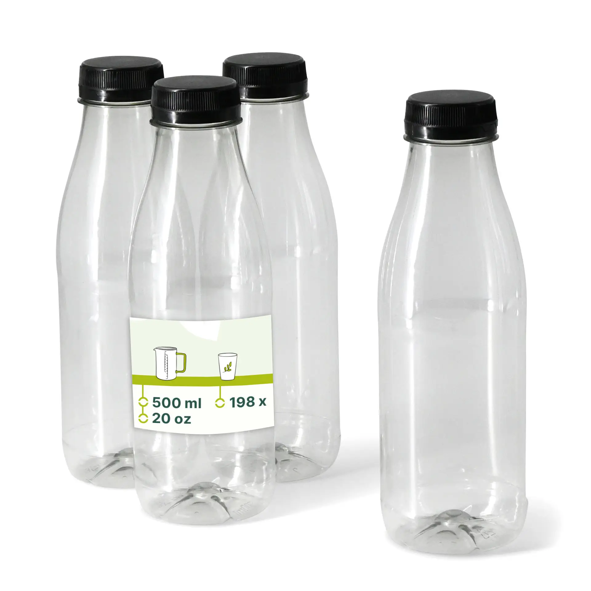 500 ml / 17.5 oz rPET bottles, clear, black lid 500 ml / 17.5 oz rPET bottles, clear, black lid