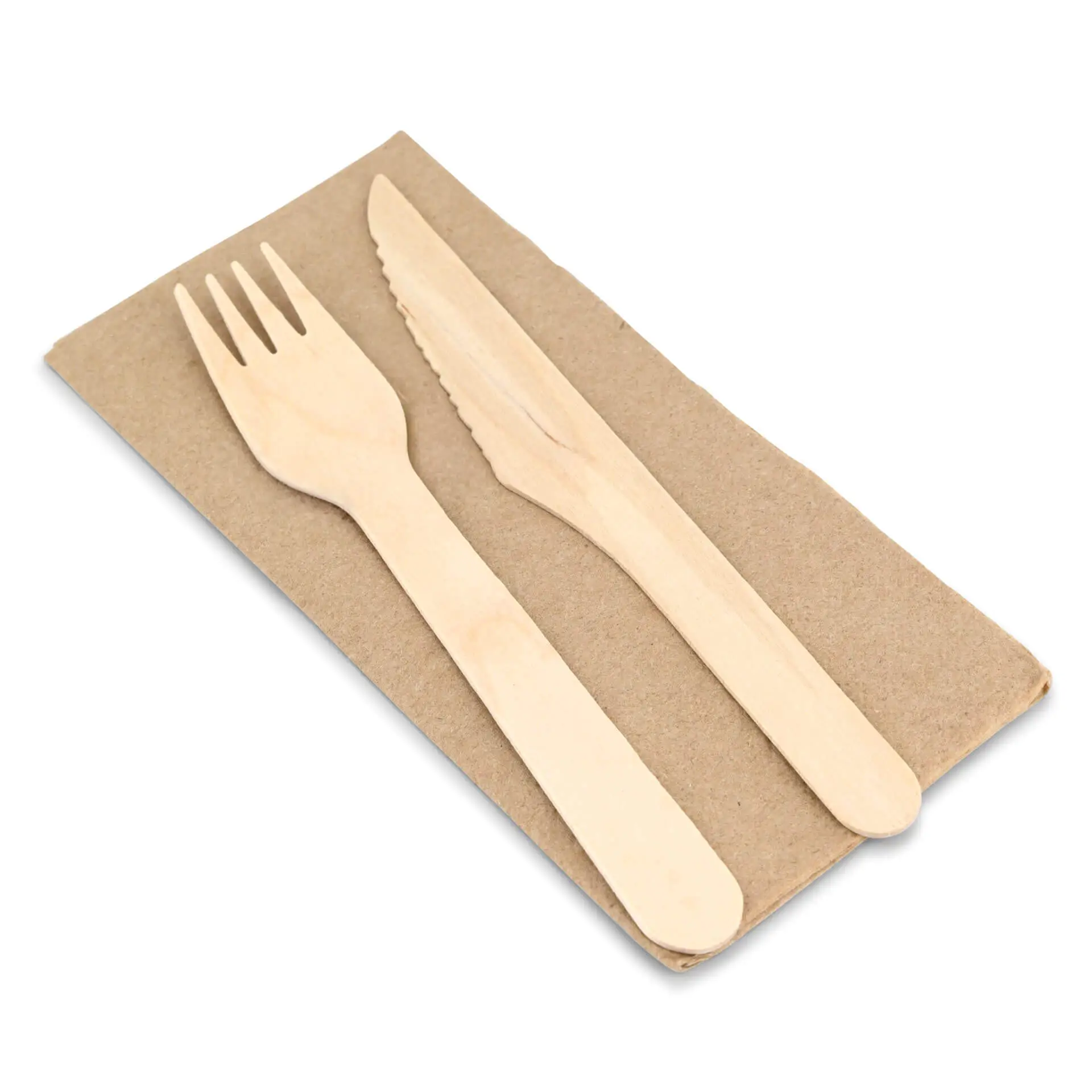Set of wooden cutlery including a fork and knife on a rectangular unbleached paper napkin.