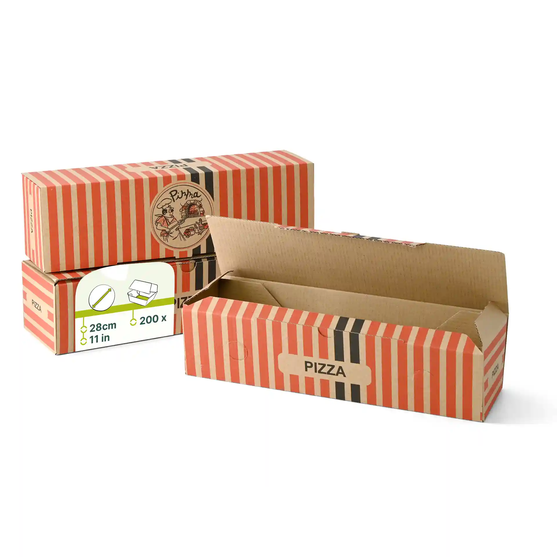 Cardboard pizza box with red and white stripes, featuring a pizza chef design and an open top.