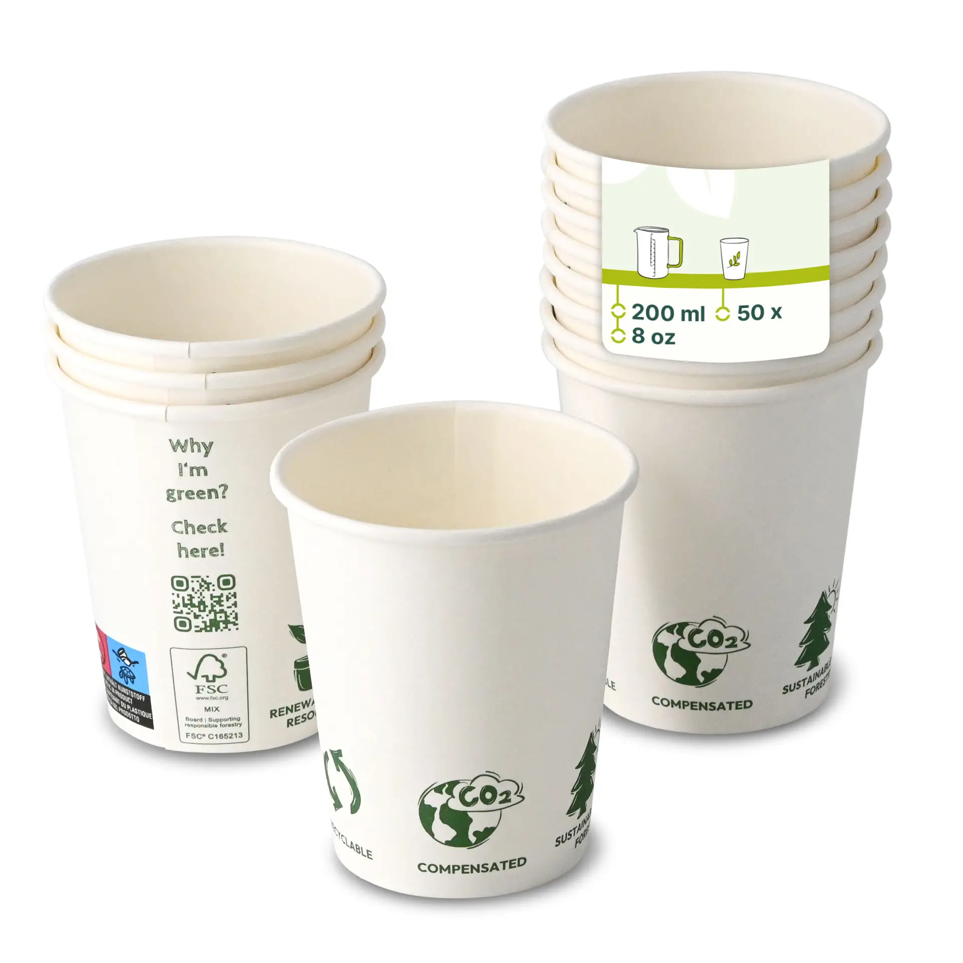Paper cup 200 ml / 8 oz, Ø 80 mm, single wall, white, PLA-coated