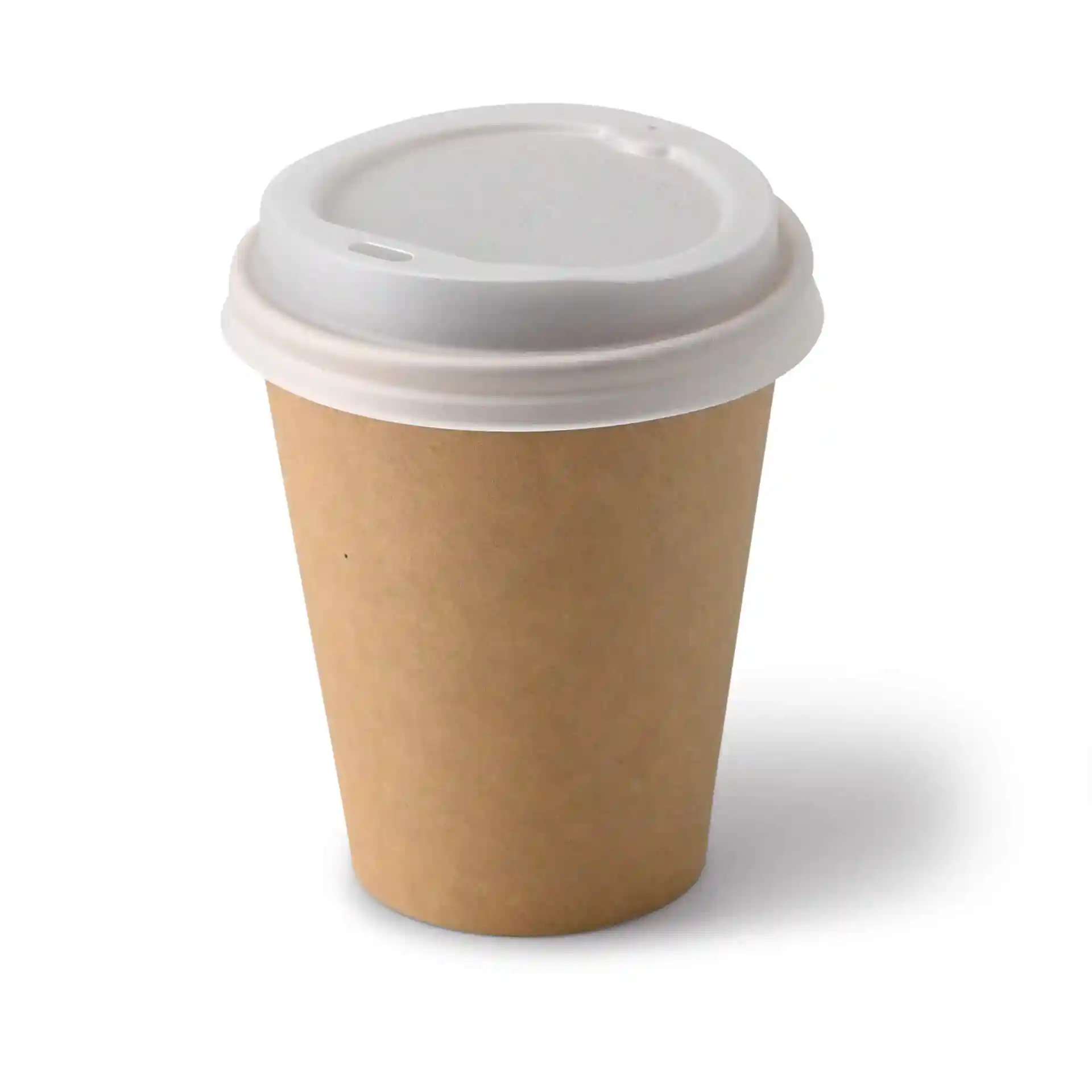 Brown paper cup with a white lid, round shape, 10 oz capacity, made of cardboard.
